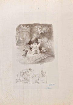 Signora con amorini e nano - Litografia di Adolphe Willette - 1906