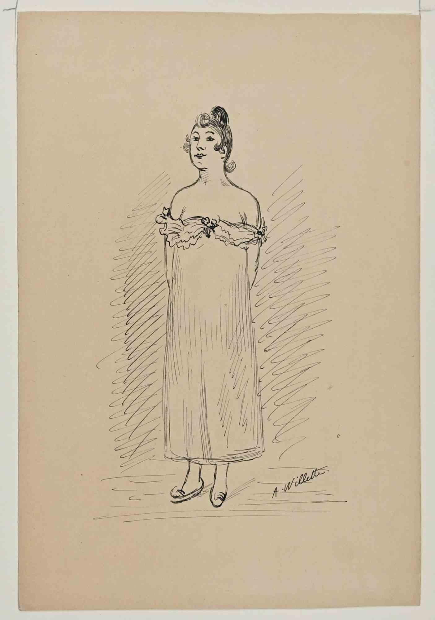 The Lady is a Drawing realized by the artist Willette (Adolphe Léon).

Good condition included a white cardboard passpartout 34.5x26 cm.

Signature on the lower right margin.

Adolphe Léon Willette (30 July 1857, Châlons-sur-Marne – 4 February 1926,