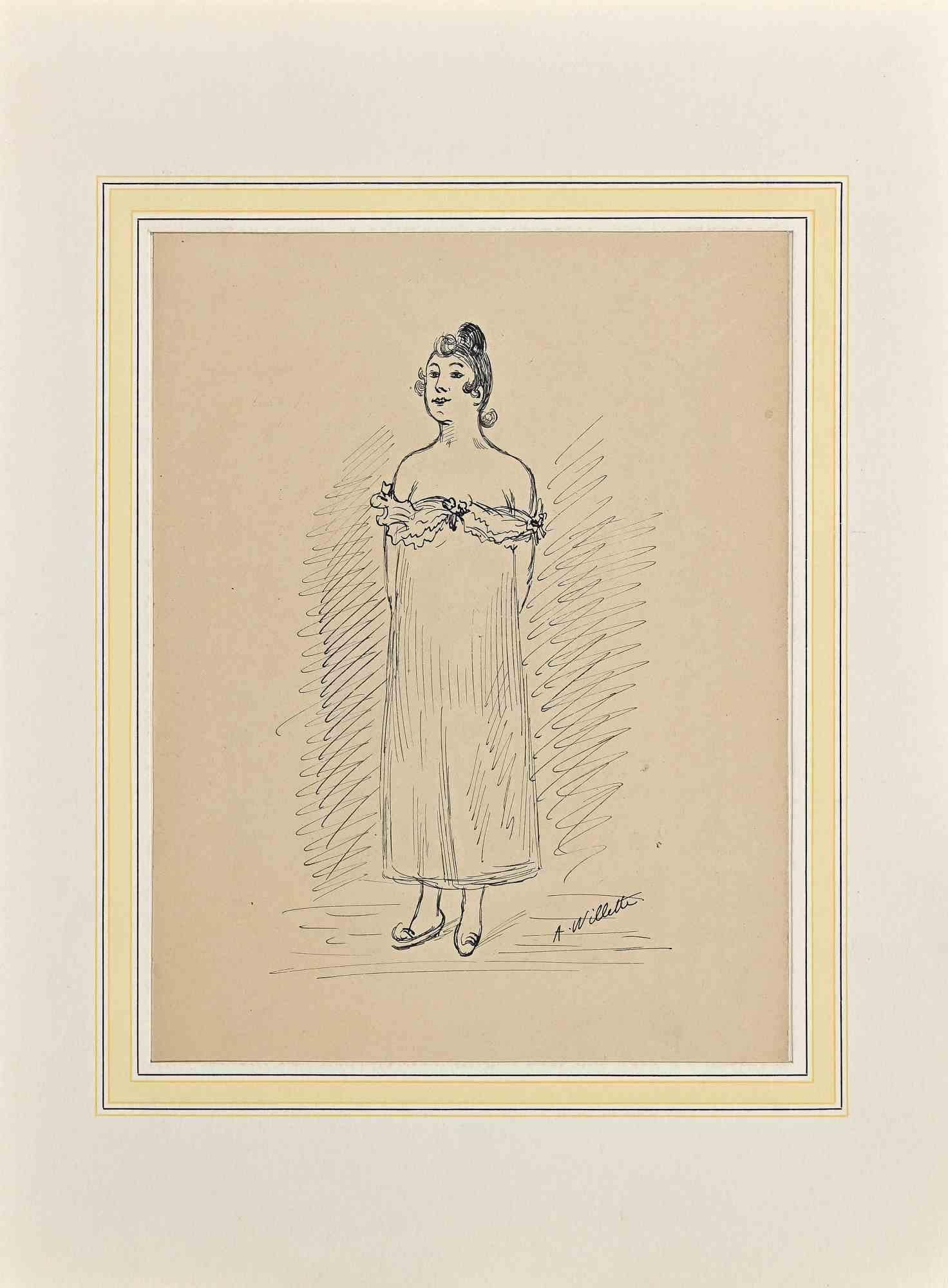 Die Dame ist eine Zeichnung des Künstlers Willette (Adolphe Léon).

Guter Zustand, einschließlich eines Passpartouts aus weißem Karton 34,5x26 cm.

Signatur am unteren rechten Rand.

Adolphe Léon Willette (30. Juli 1857, Châlons-sur-Marne - 4.
