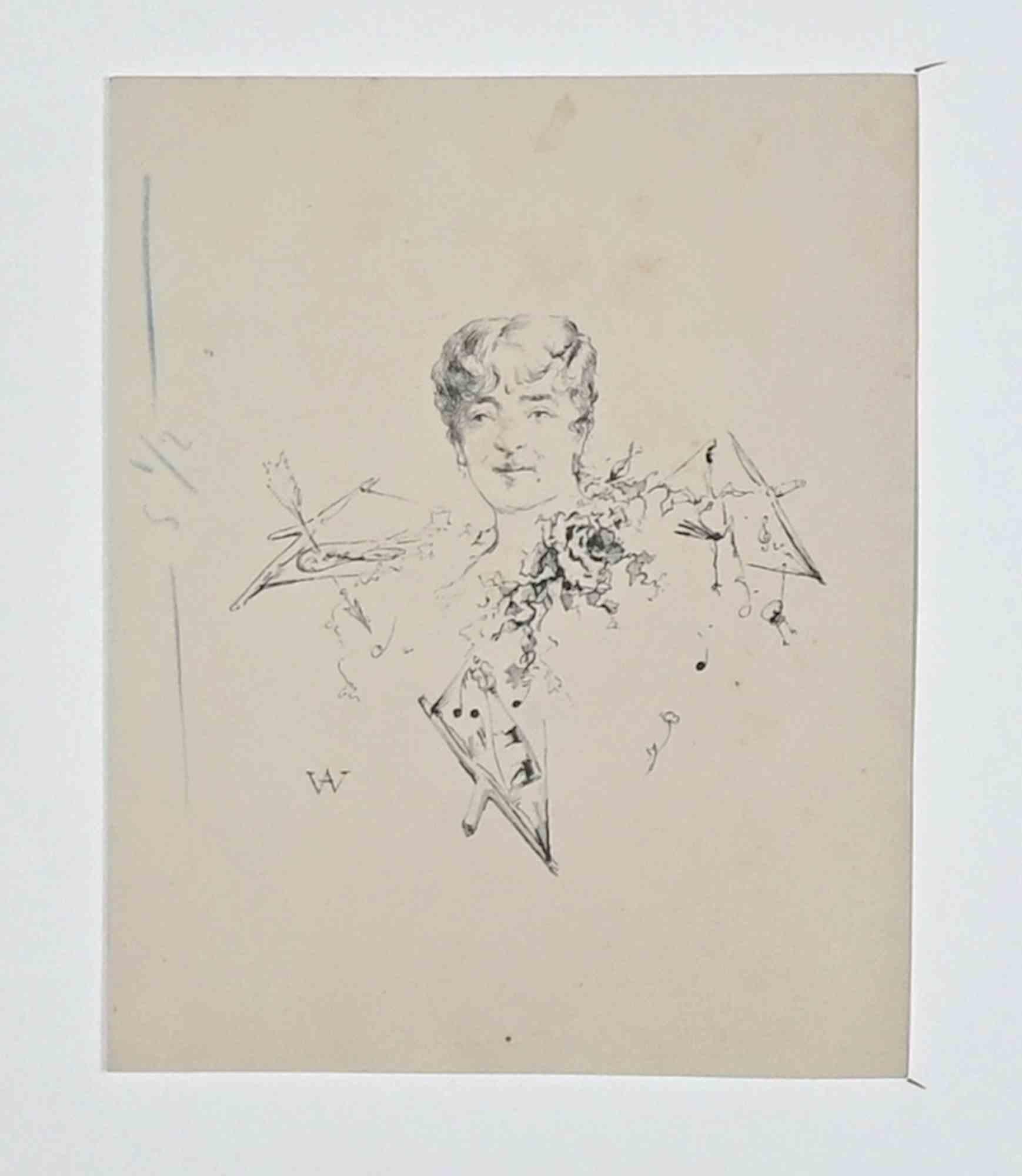 The Lady is a drawing in China Ink on paper realized by Adolphe Willette in the Late 19th Century.

Very Good conditions.

Monogrammed.

Including a Greyish cardboard Passepartout (65x 50cm).

The artwork is depicted through soft and short and deft