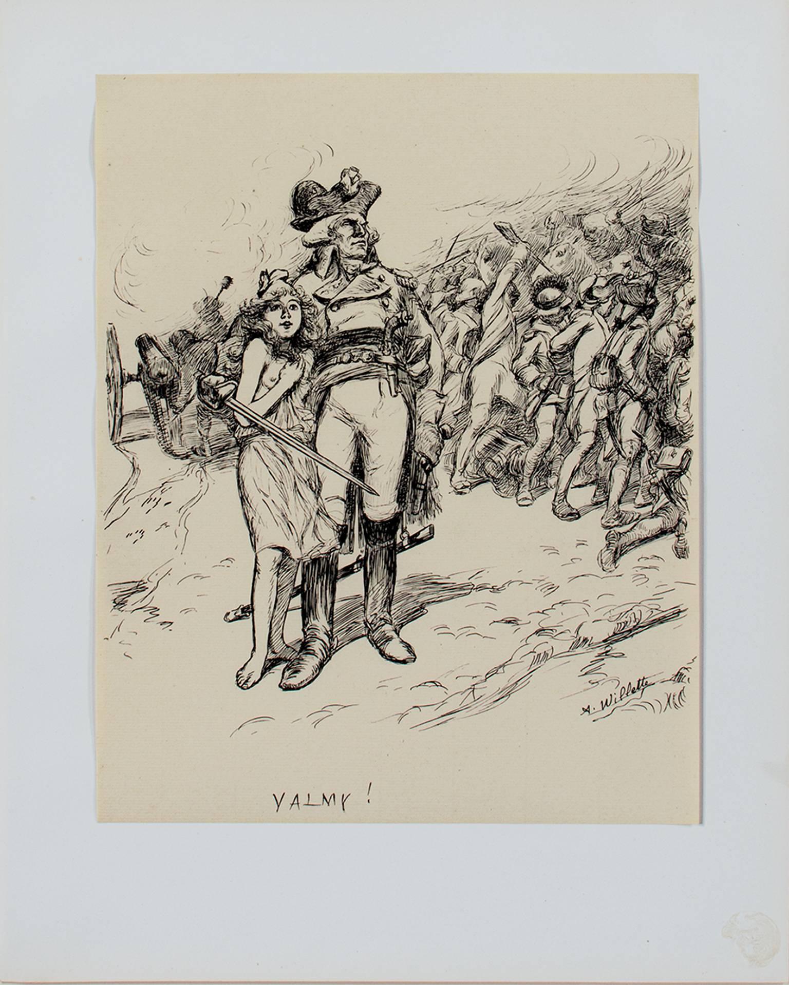 "VALMY ! (L'Estampe Moderne)" est une épreuve filigranée PL BAS d'après un dessin d'Adolphe Willette. Elle représente un général avec son armée et une jeune fille. 

15 3/4" x 12" art
cadre de 23" x 19 1/4

Adolphe Léon Willette (30 juillet 1857 - 4