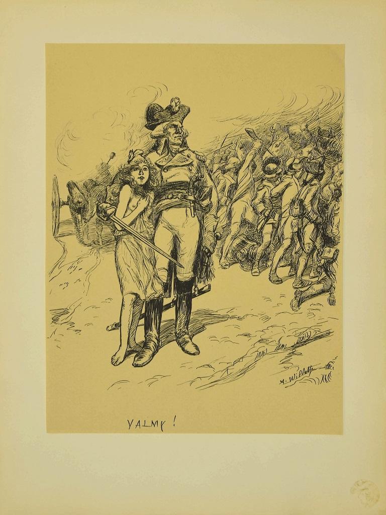 Valmy is an original lithograph realized by Adolphe Willette in 1899.

The artwork is from the issue L'Estampe Moderne n.24, April 1899.

Title and signature on plate. The lithograph depicts a general with his army and a young girl.

The print has