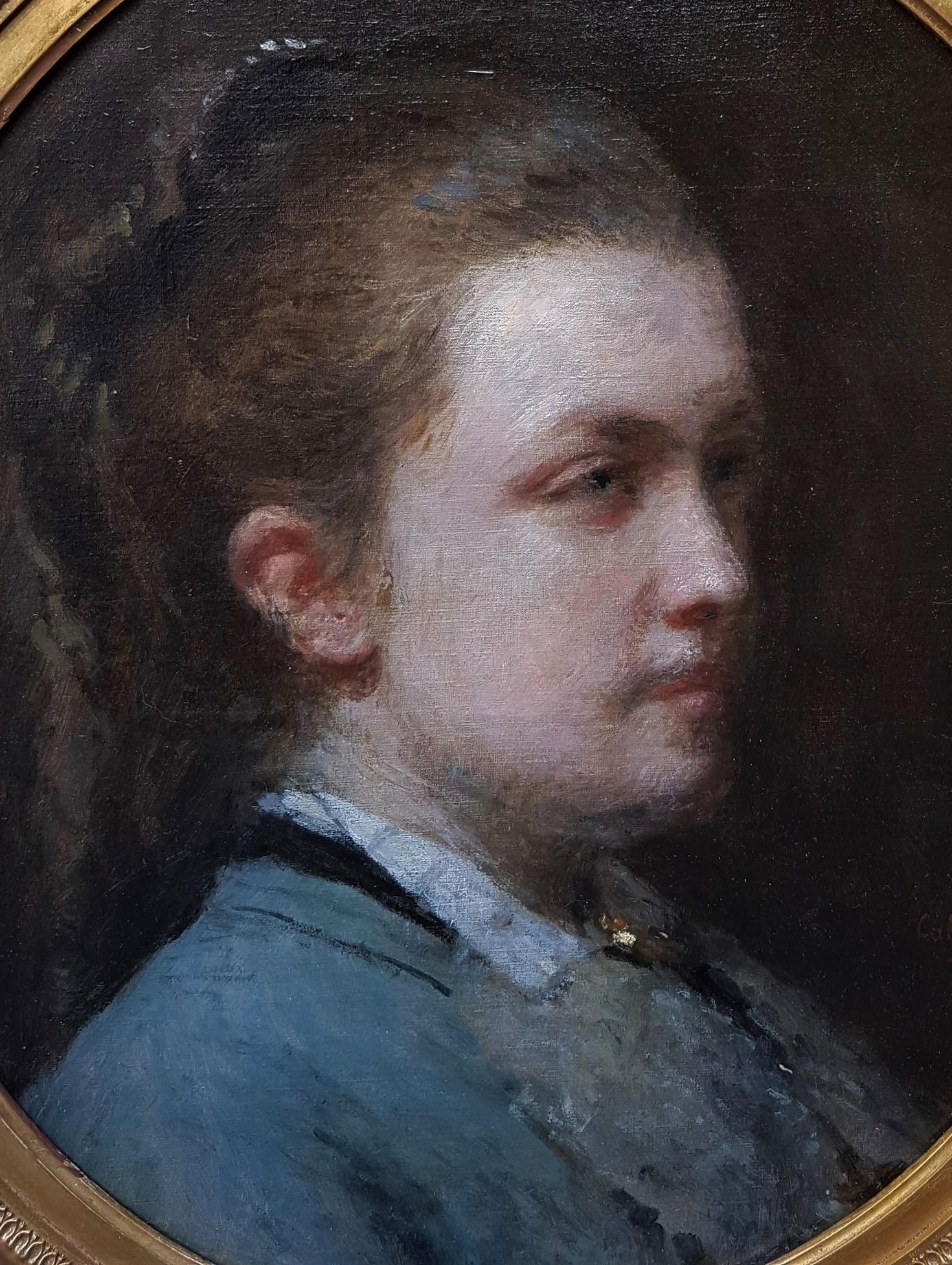 Peinture - Portrait à l'huile ovale de jeune femme pianiste Jenny GODIN, 19ème siècle, CALS - Impressionnisme Painting par Adolphe-Félix CALS