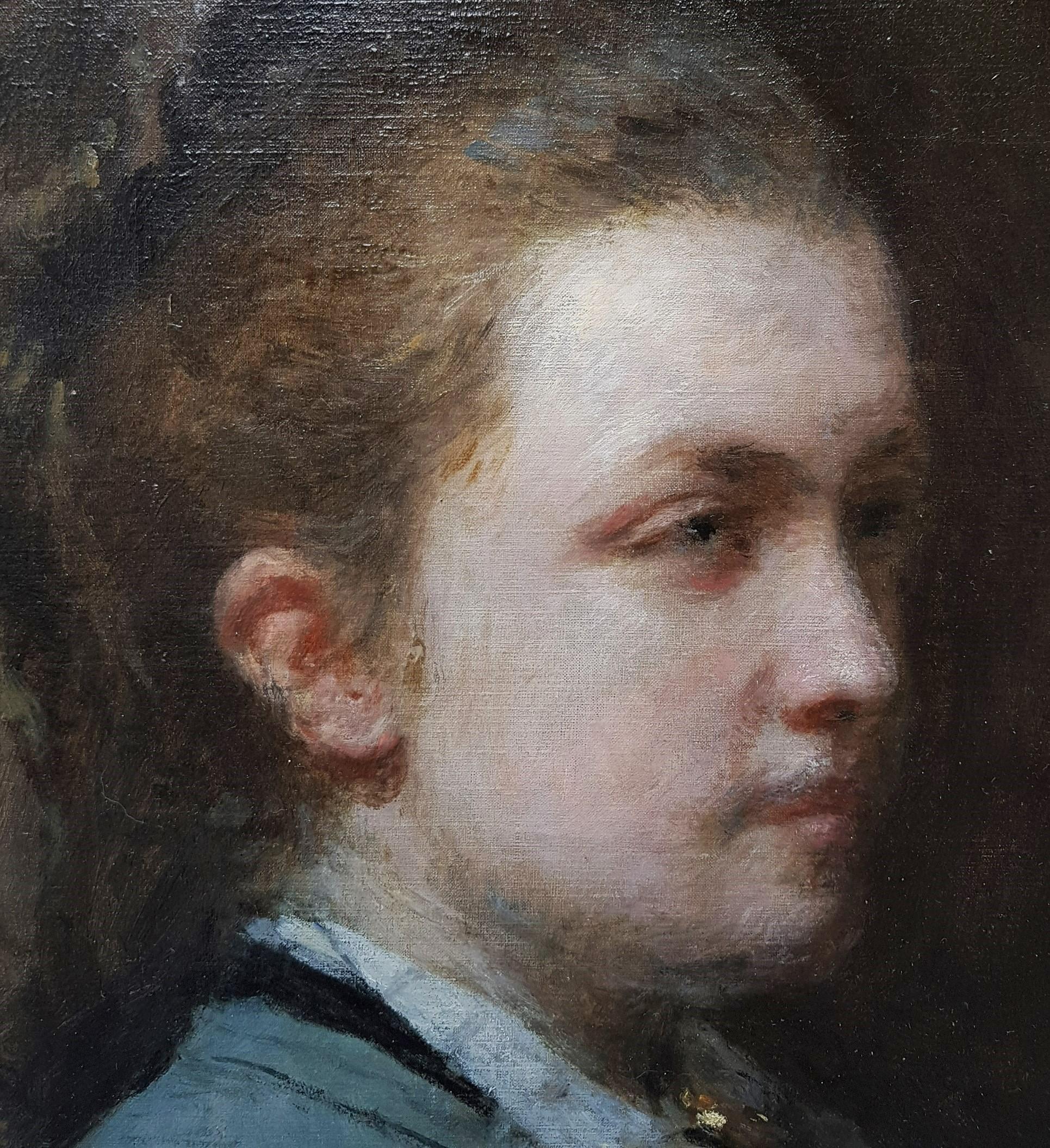 Peinture - Portrait à l'huile ovale de jeune femme pianiste Jenny GODIN, 19ème siècle, CALS - Marron Portrait Painting par Adolphe-Félix CALS