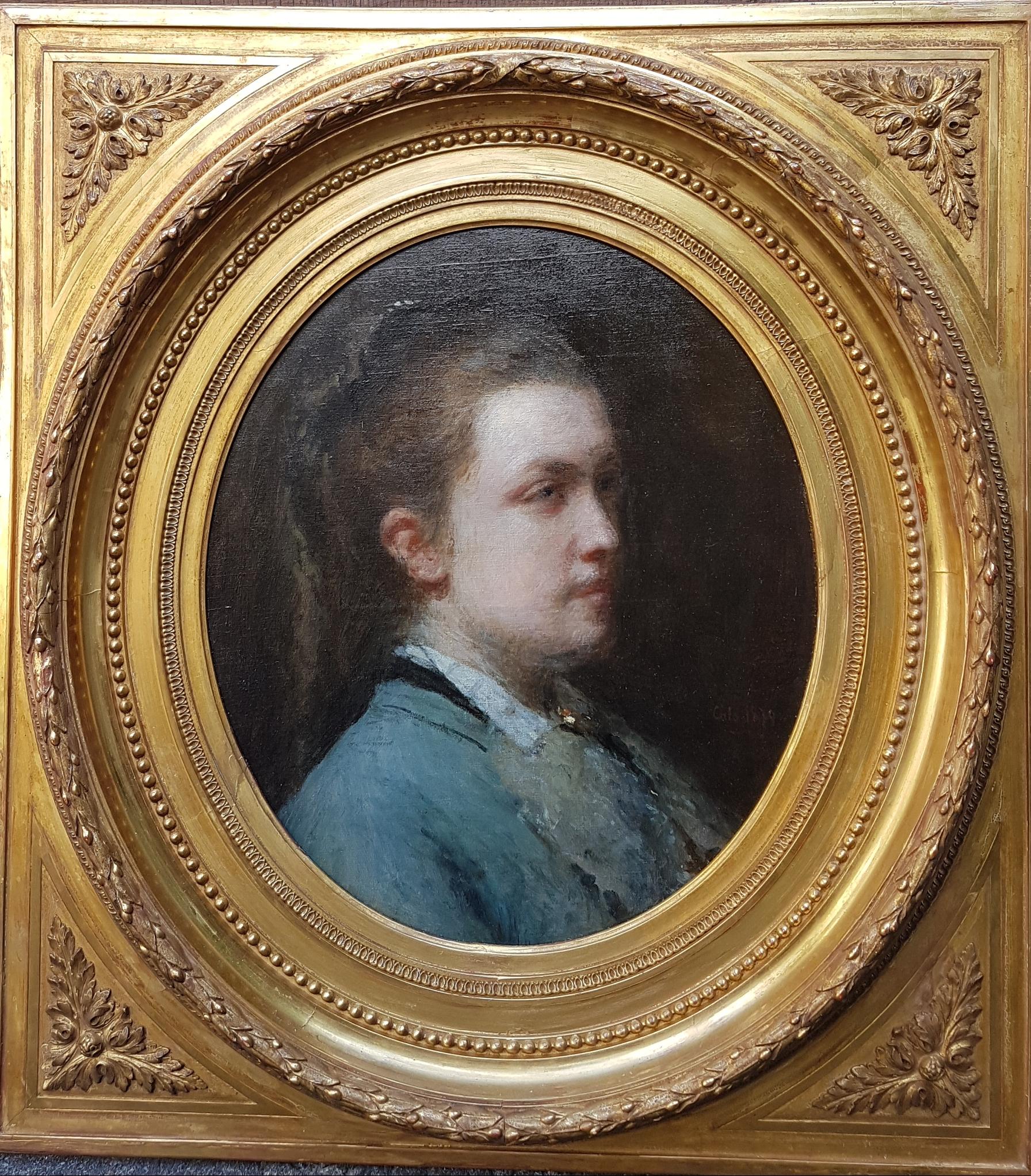 Adolphe-Félix CALS Portrait Painting - Painting 19th CALS French portrait oil oval young woman pianist Jenny GODIN