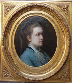 Peinture - Portrait à l'huile ovale de jeune femme pianiste Jenny GODIN, 19ème siècle, CALS