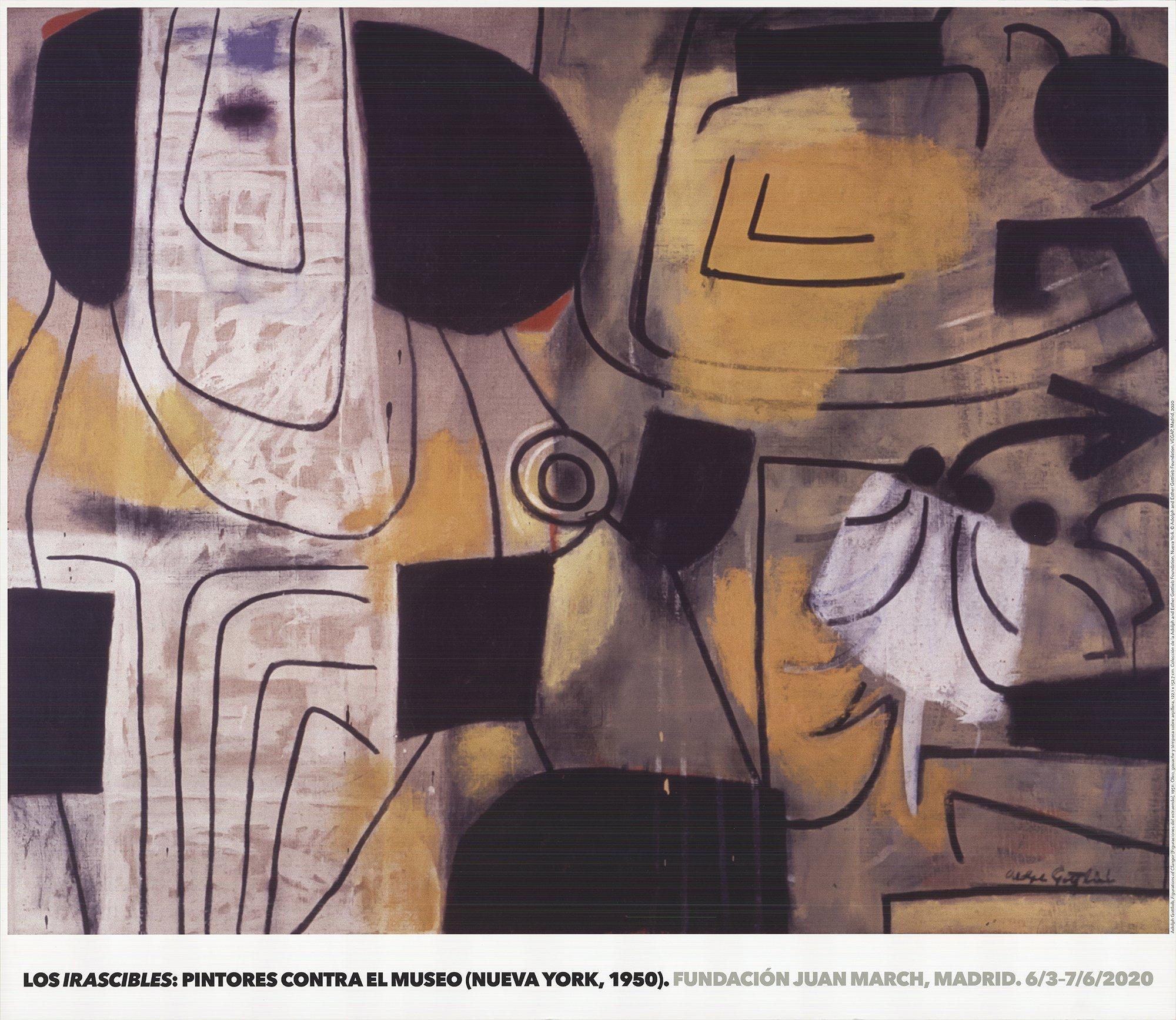 Dieses auffällige Plakat zeigt das Werk von Adolph Gottlieb, einer der Symbolfiguren des Abstrakten Expressionismus, aus der Ausstellung *Los Irascibles: Pintores Contra el Museo* ("Die Jähzornigen: Maler gegen das Museum"). Diese Ausstellung, die