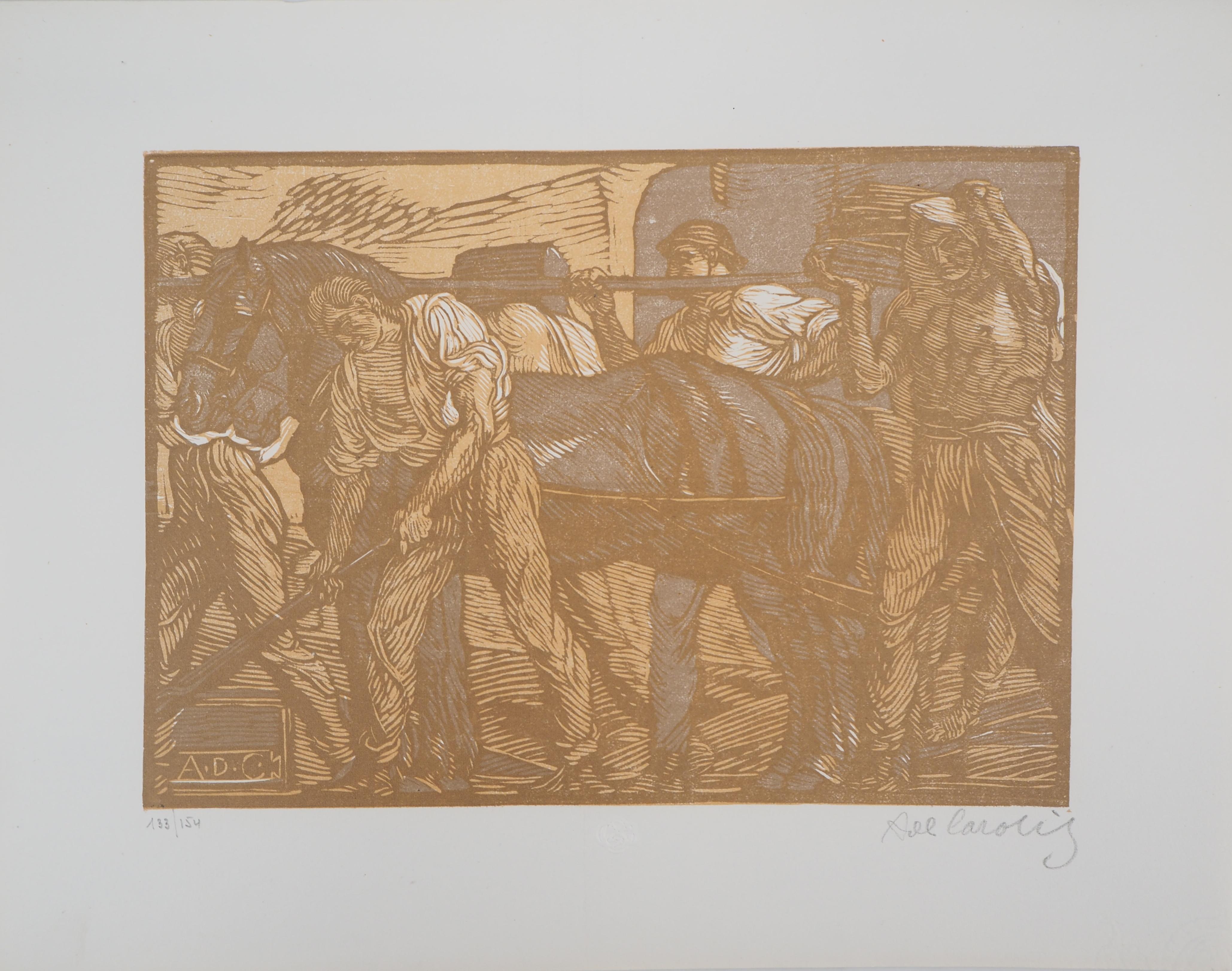 Symbolismus : Allegorie der Arbeit - Original Holzschnitt, handsigniert & nummeriert – Print von Adolpho DE CAROLIS