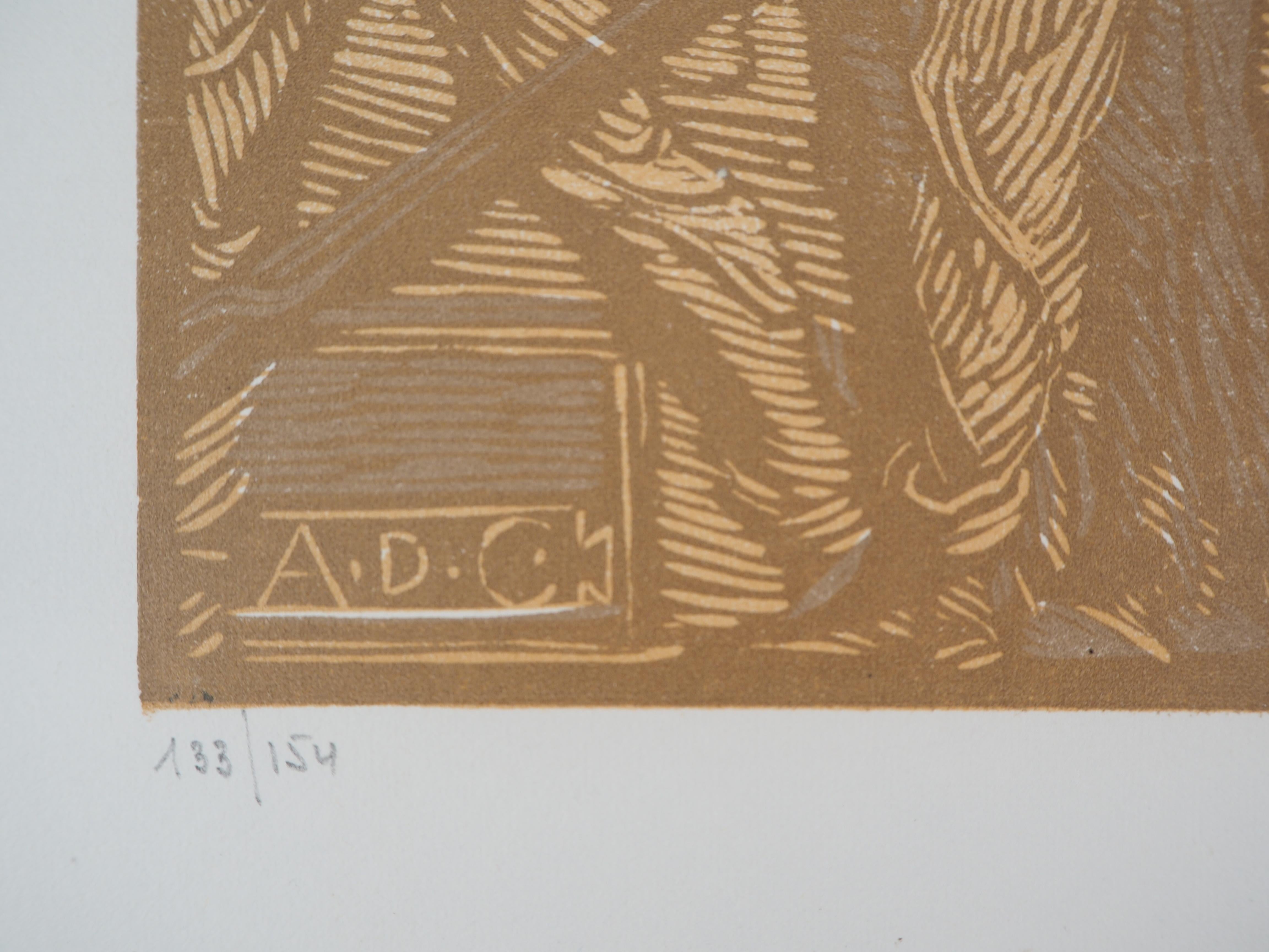 Symbolismus : Allegorie der Arbeit - Original Holzschnitt, handsigniert & nummeriert (Braun), Figurative Print, von Adolpho DE CAROLIS