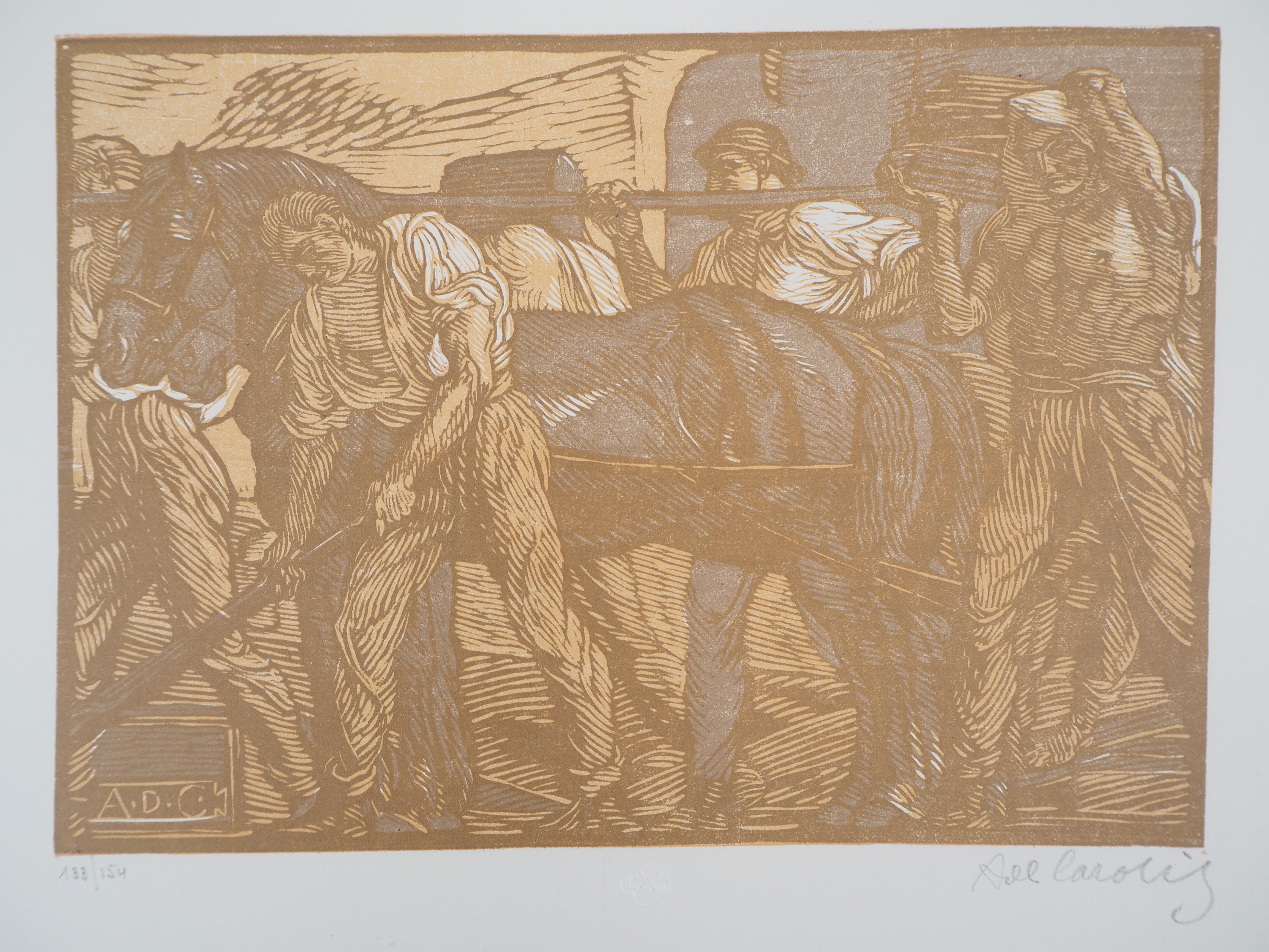Adolpho DE CAROLIS Figurative Print – Symbolismus : Allegorie der Arbeit - Original Holzschnitt, handsigniert & nummeriert