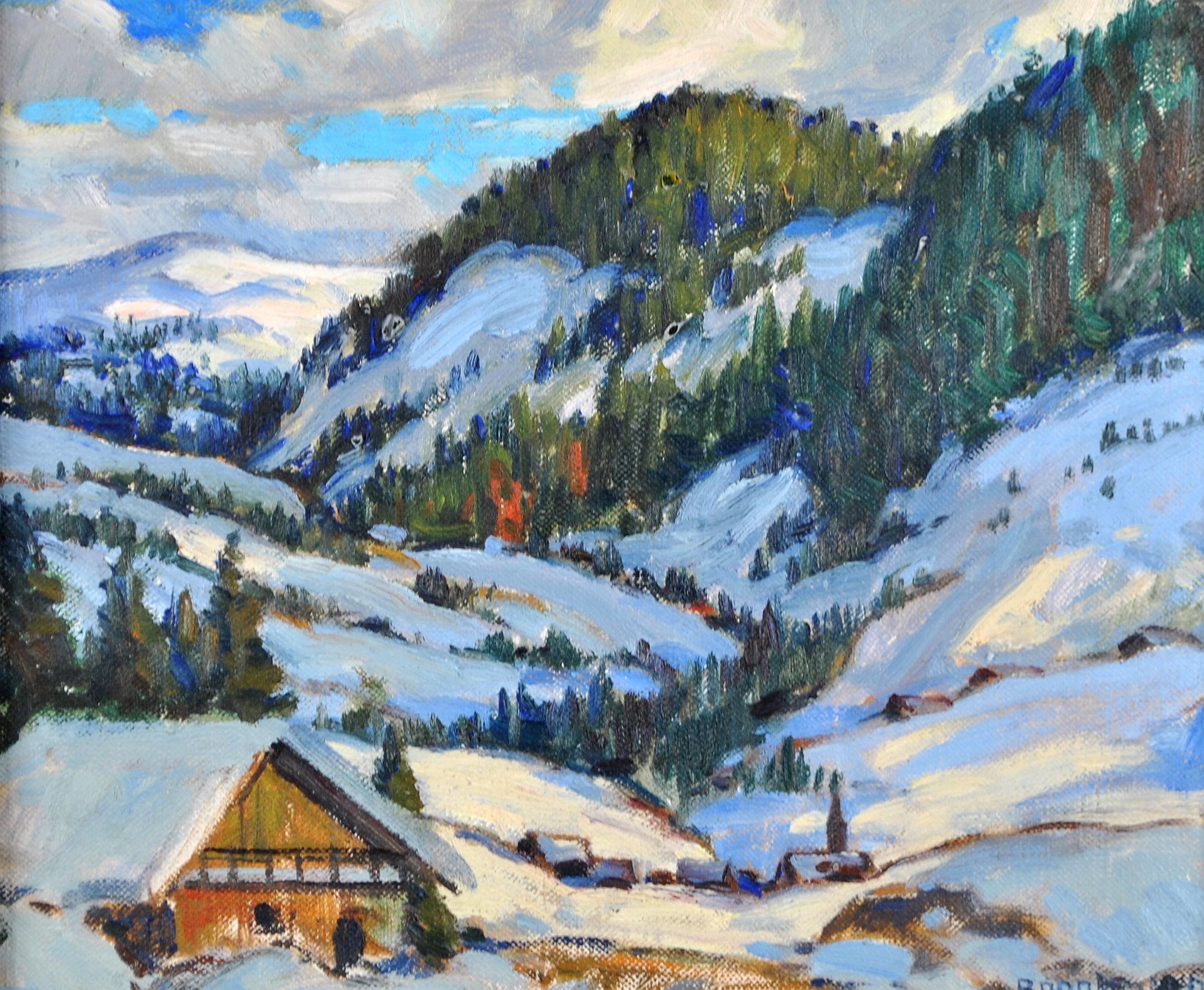 A beautiful 1940's impressionist oil on canvas laid on board depicting a snow covered Alpine Landscape by Canadian RA artist Adolphus George Broomfield.

This excellent quality and condition work is signed lower right and presented in it's original