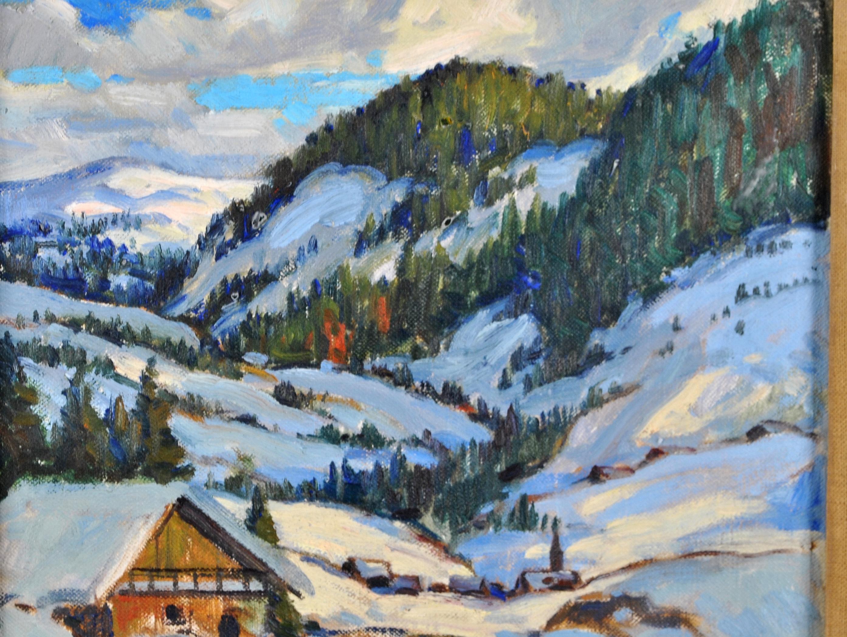 Alpine Landschaft - Impressionistisches kanadisches Ölgemälde, Schnee-Winter-Gemälde des 20. Jahrhunderts (Impressionismus), Painting, von Adolphus George Broomfield