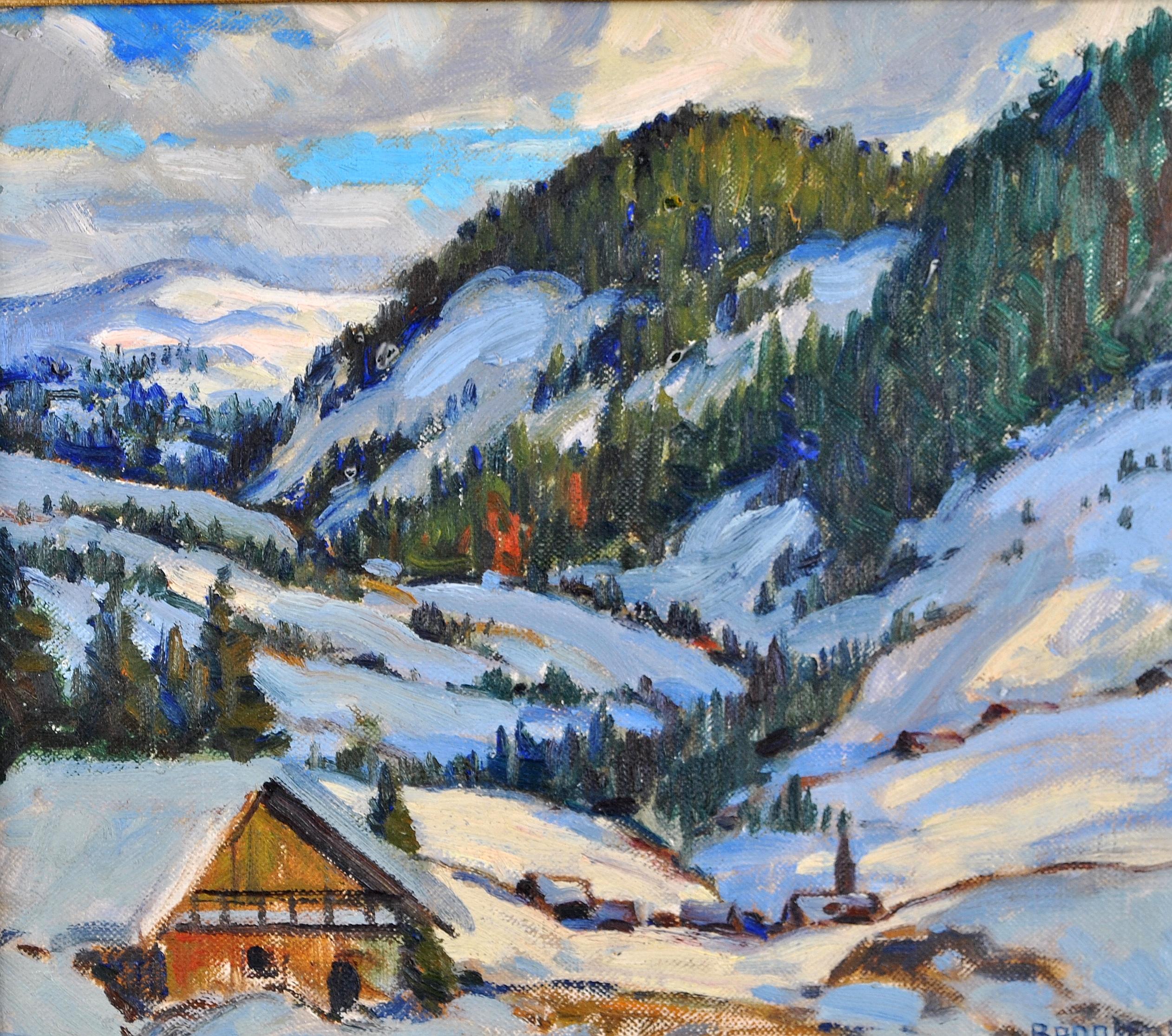 Eine schöne 1940's impressionistischen Öl auf Leinwand auf Karton gelegt Darstellung einer verschneiten Alpenlandschaft von kanadischen RA Künstler Adolphus George Broomfield.

Dieses Werk von hervorragender Qualität und in ausgezeichnetem Zustand
