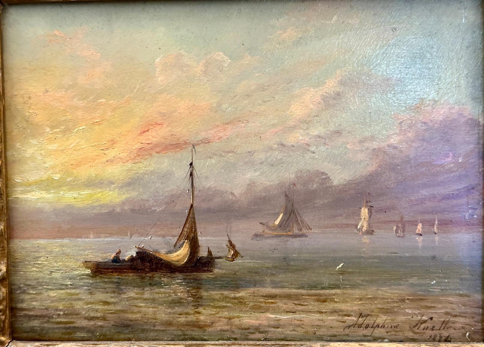 Bateau de pêche anglais du 19e siècle en mer avec lever ou coucher de soleil - Painting de Adolphus Knell