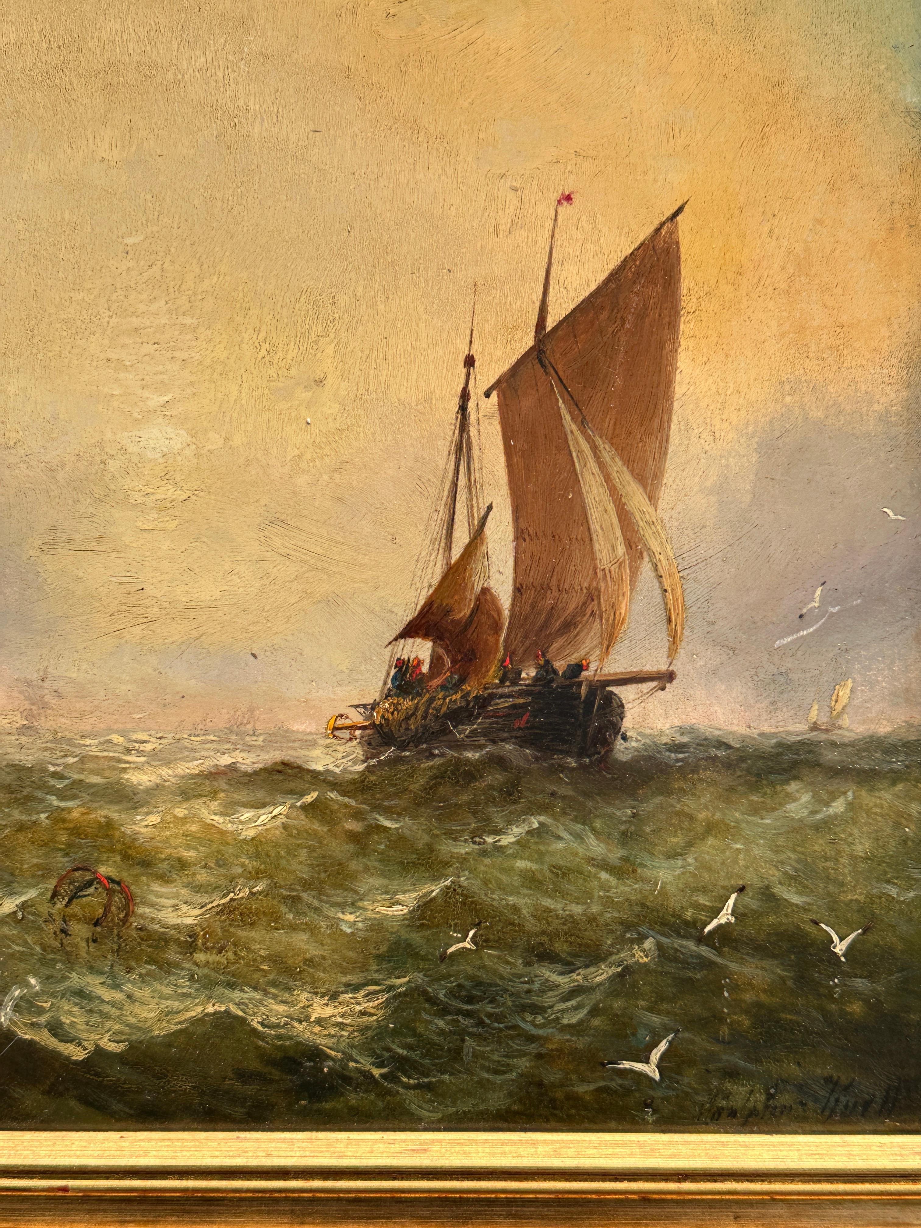 Barco pesquero inglés del siglo XIX en el mar con salida o puesta de sol - Painting de Adolphus Knell