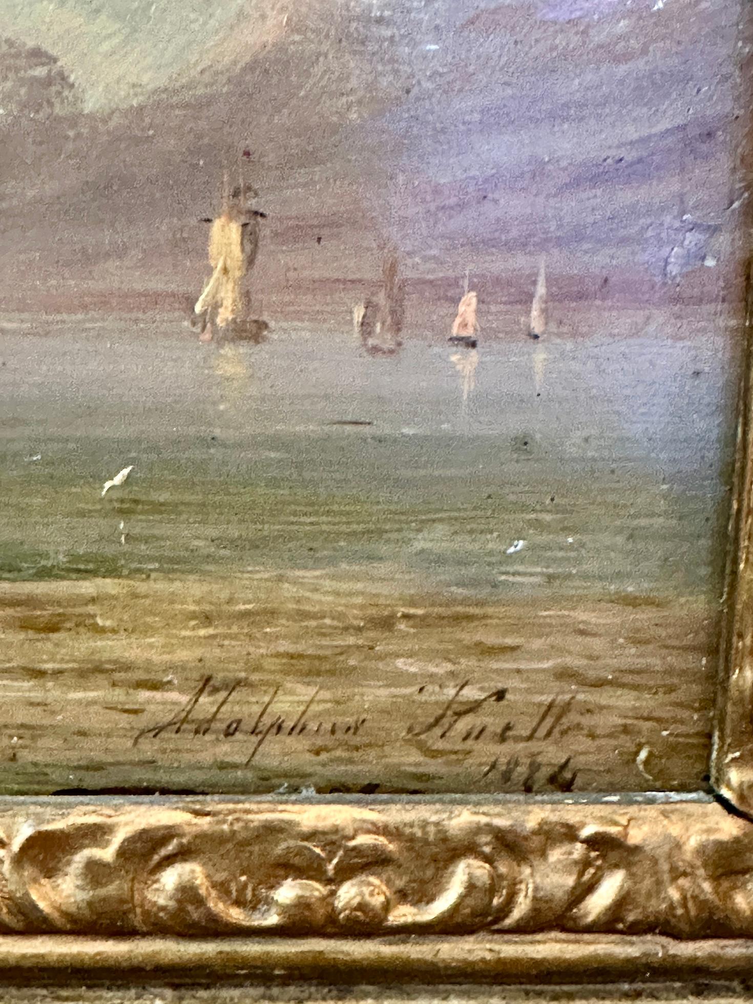 Bateau de pêche anglais du 19e siècle en mer avec lever ou coucher de soleil - Victorien Painting par Adolphus Knell