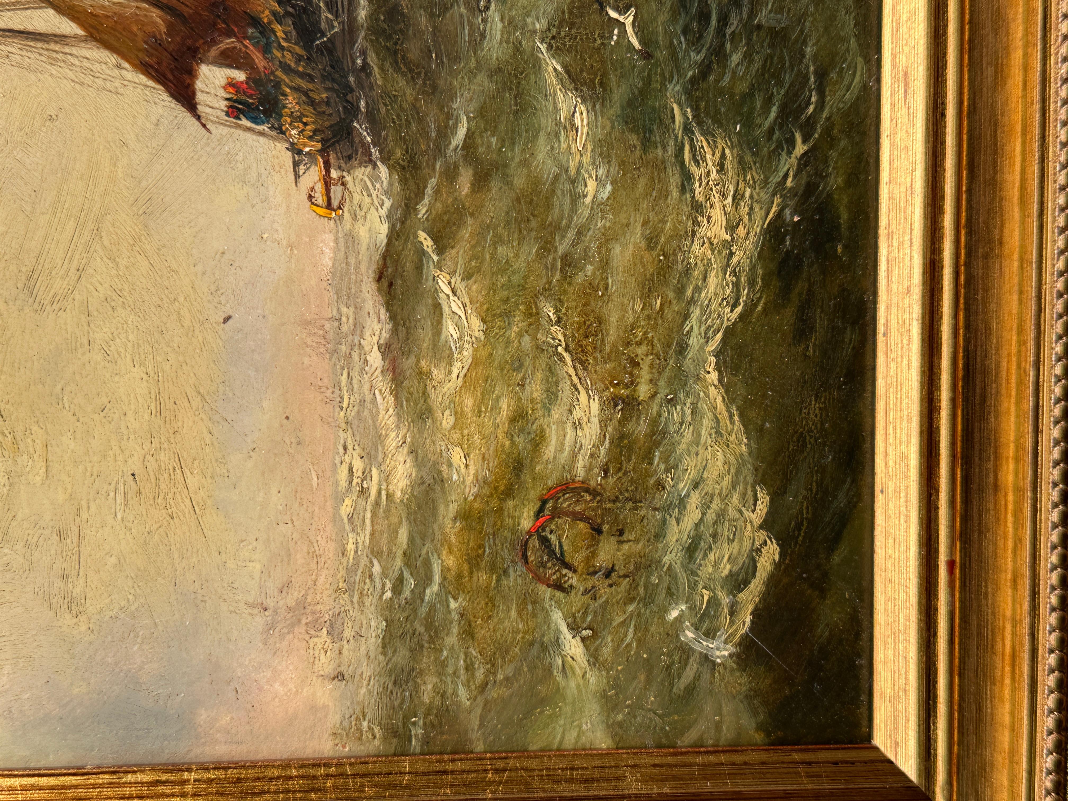 Barco pesquero inglés del siglo XIX en el mar con salida o puesta de sol - Landscape Painting Marrón de Adolphus Knell
