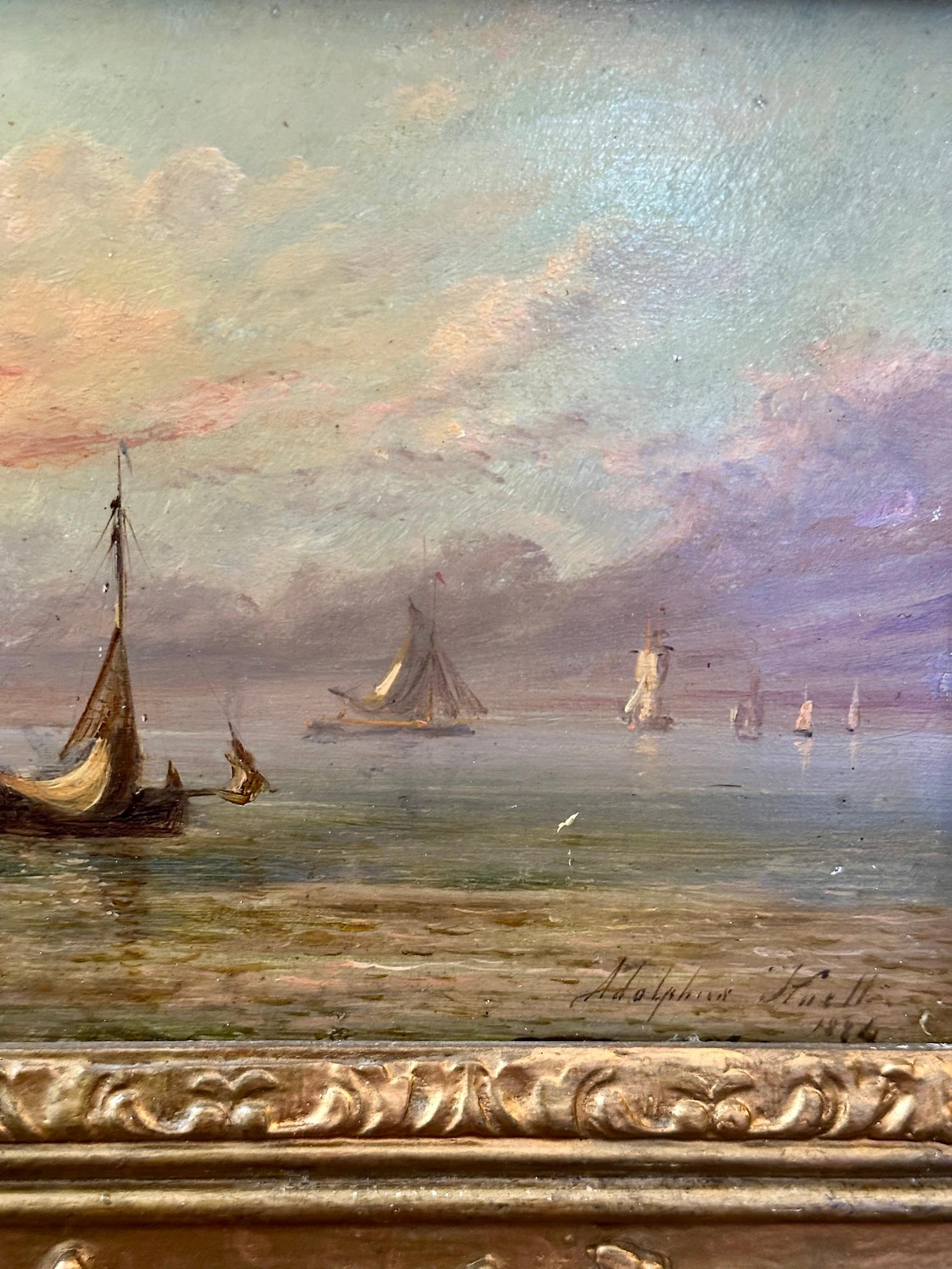 Bateau de pêche anglais du 19e siècle en mer avec lever ou coucher de soleil en vente 1
