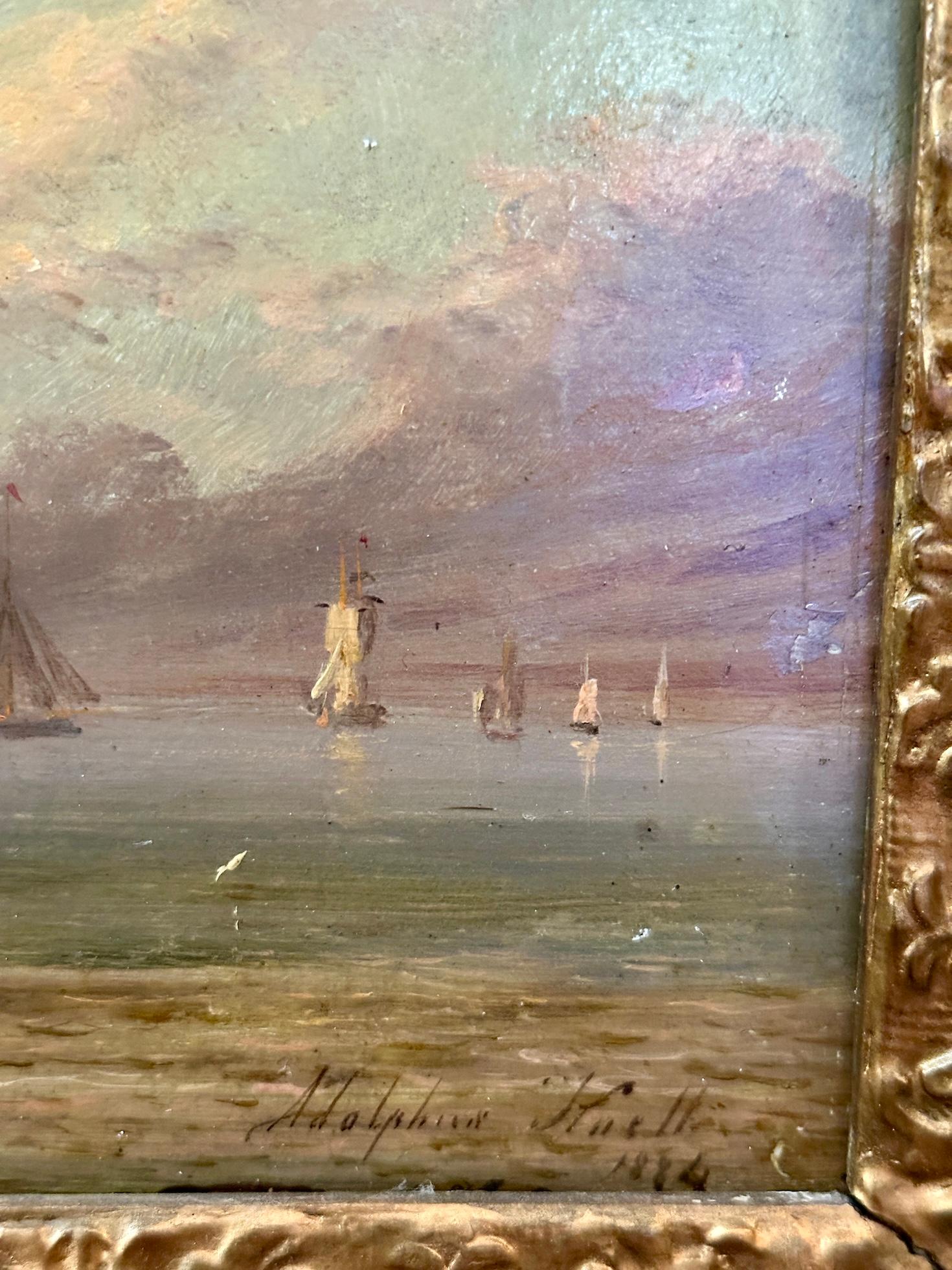 Bateau de pêche anglais du 19e siècle en mer avec lever ou coucher de soleil en vente 2