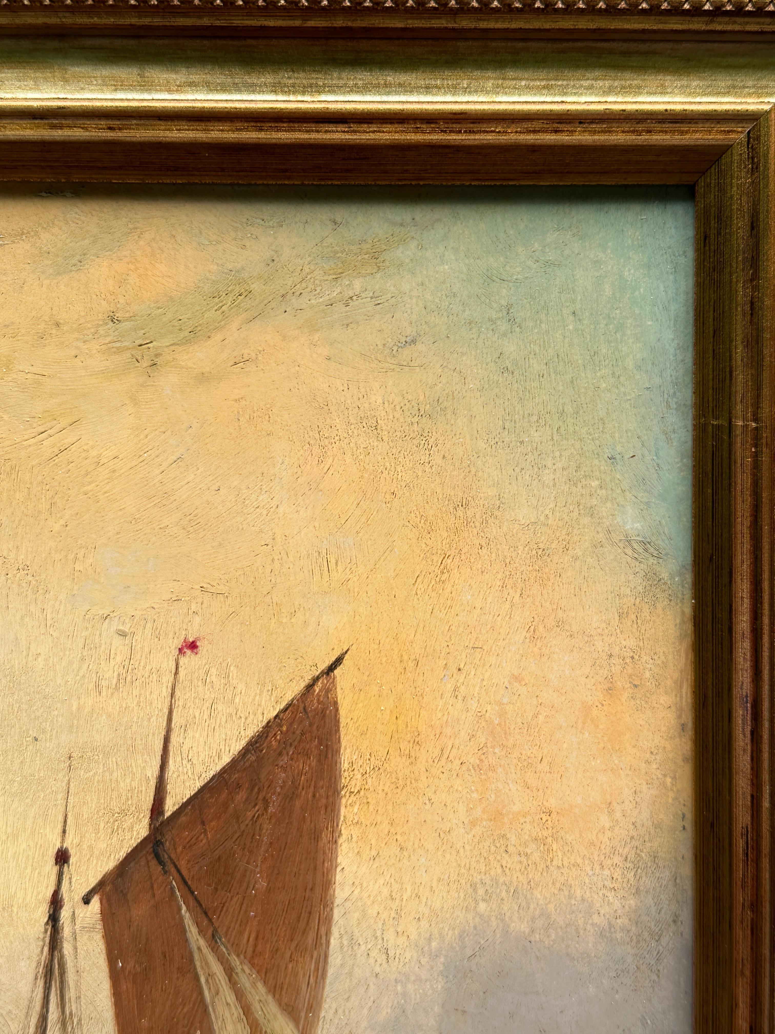 Barco pesquero inglés del siglo XIX en el mar con salida o puesta de sol en venta 2