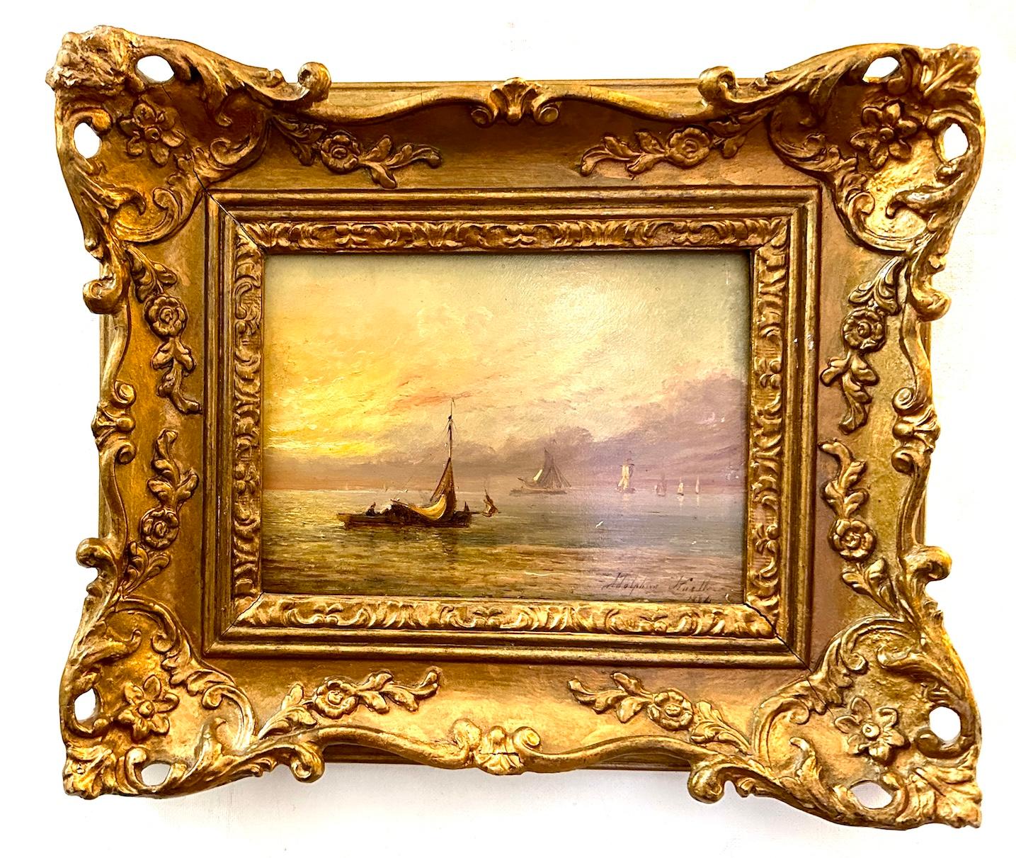 Adolphus Knell Landscape Painting - 19th century English Fishing boat at sea with Sun rise or Sunset