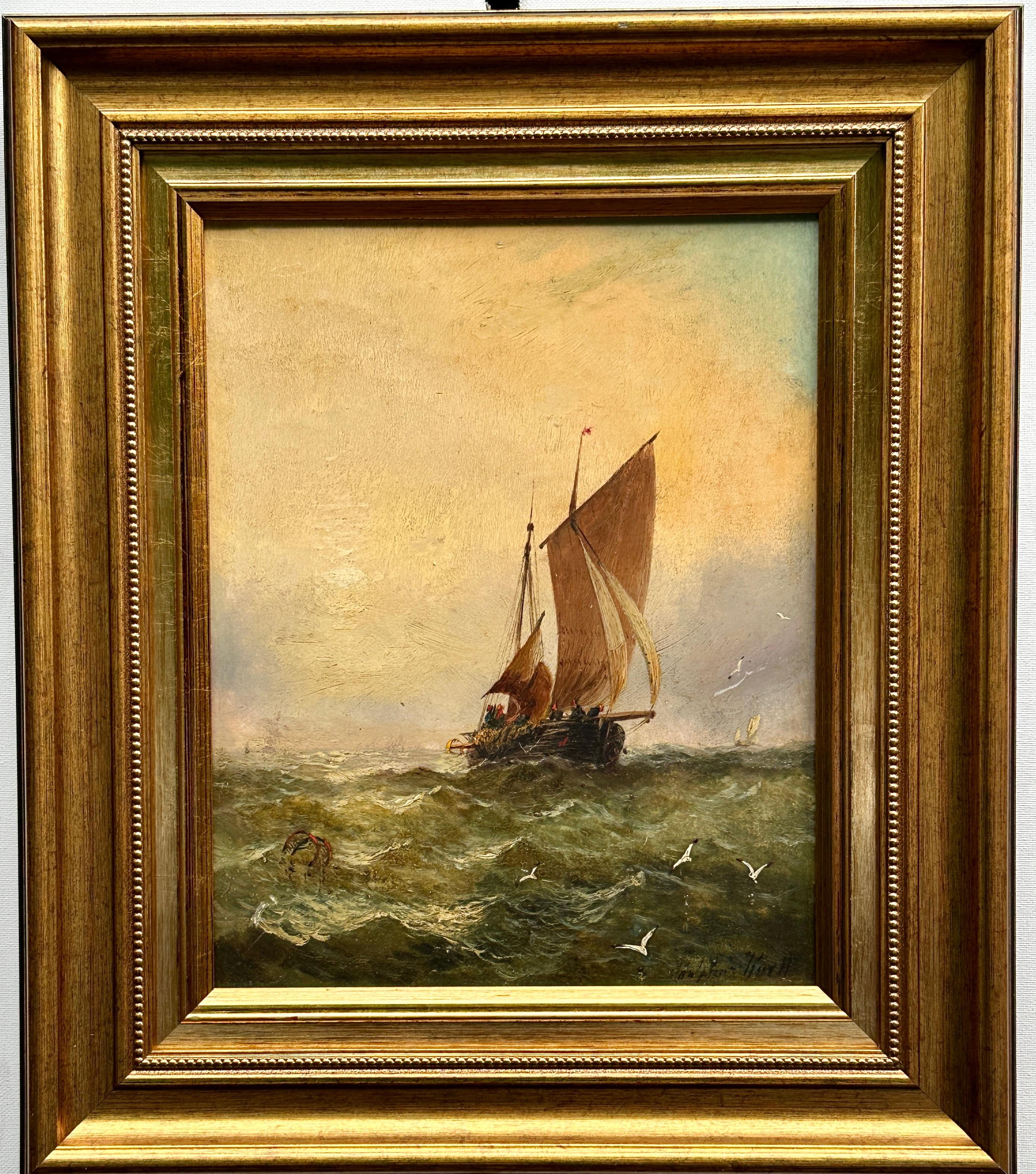 Landscape Painting de Adolphus Knell - Barco pesquero inglés del siglo XIX en el mar con salida o puesta de sol
