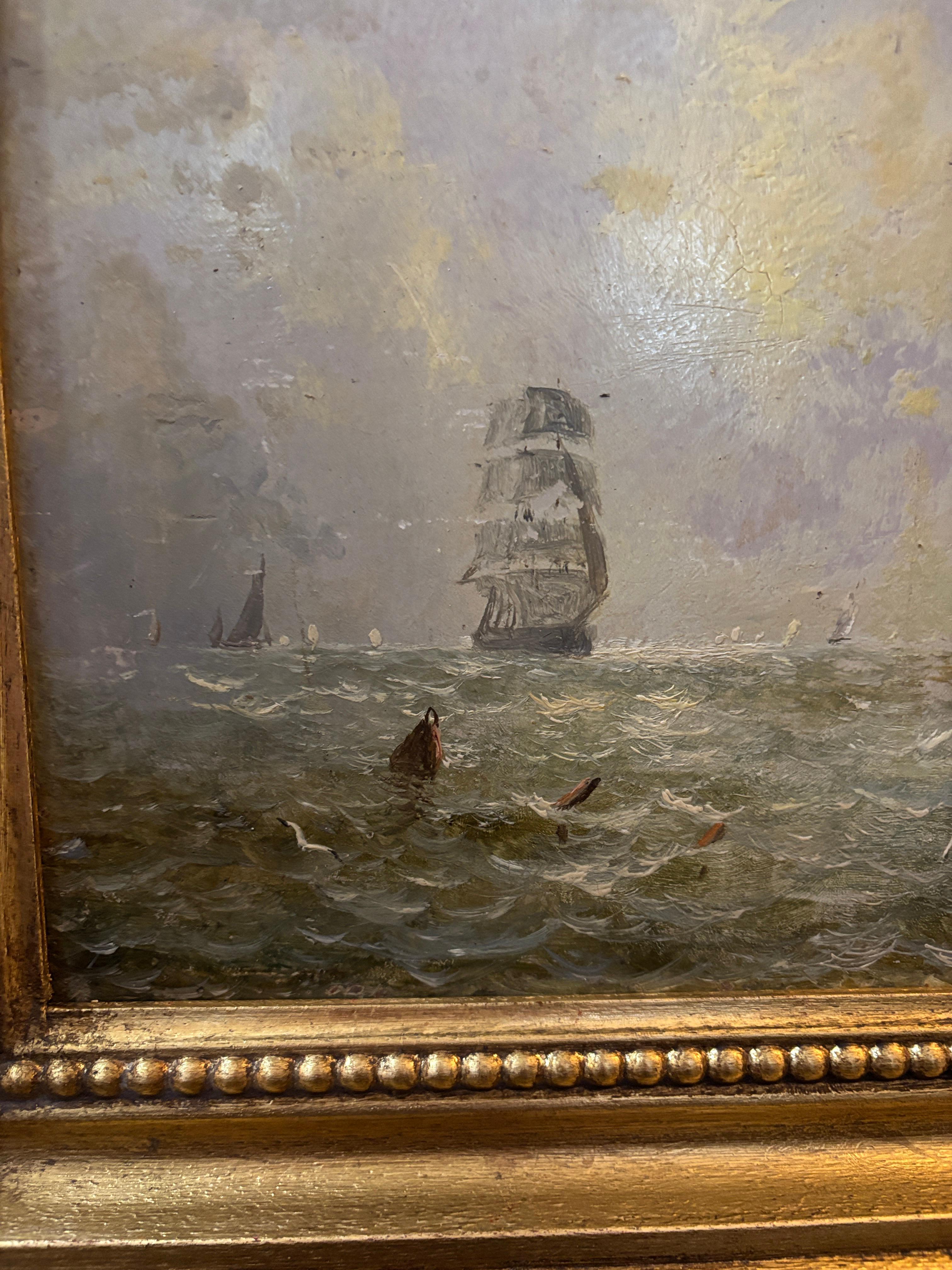 Englische Fischerboote des 19. Jahrhunderts bei Sonnenaufgang – Painting von Adolphus Knell