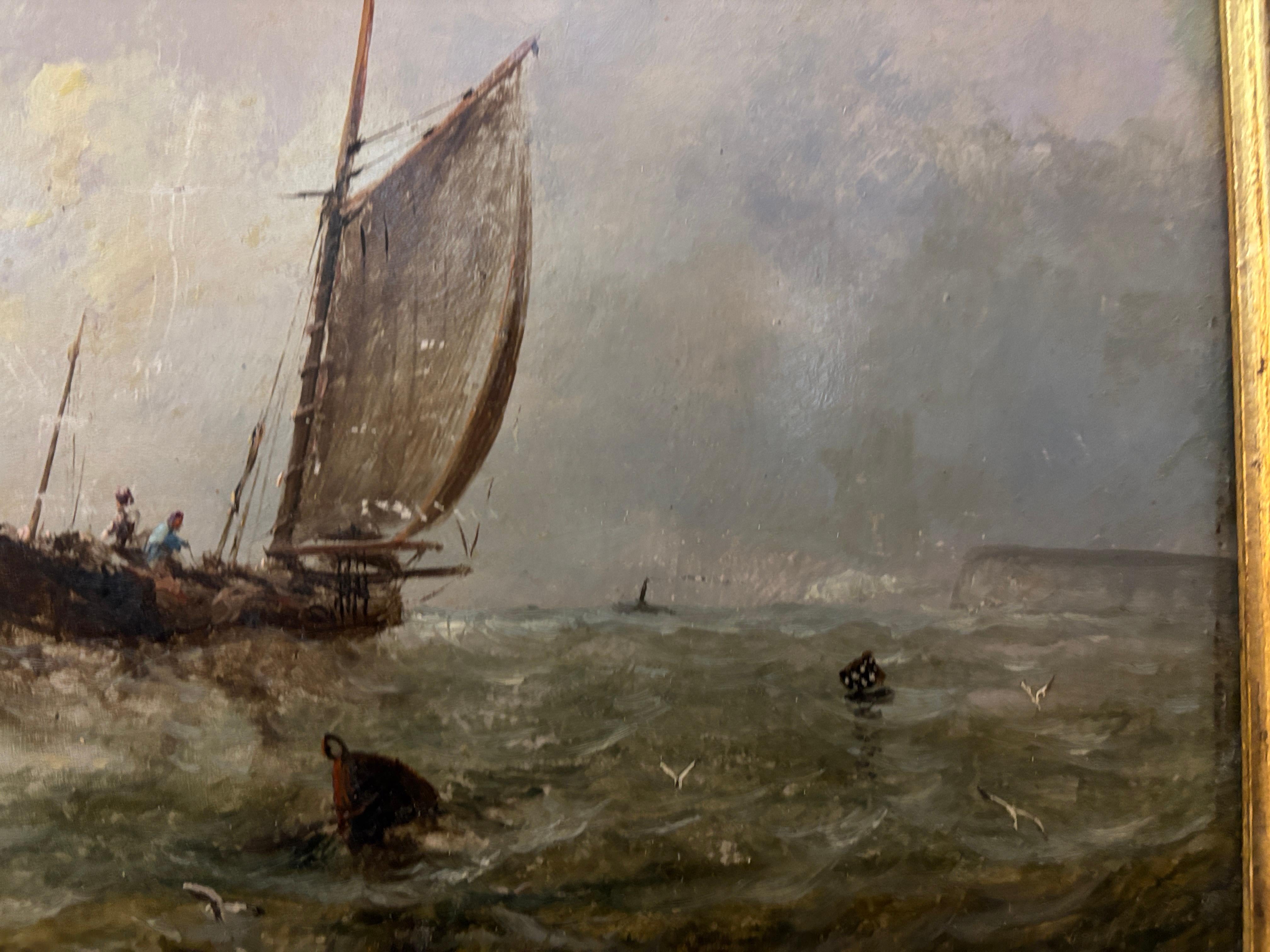 Englische Fischerboote des 19. Jahrhunderts bei Sonnenaufgang (Braun), Figurative Painting, von Adolphus Knell