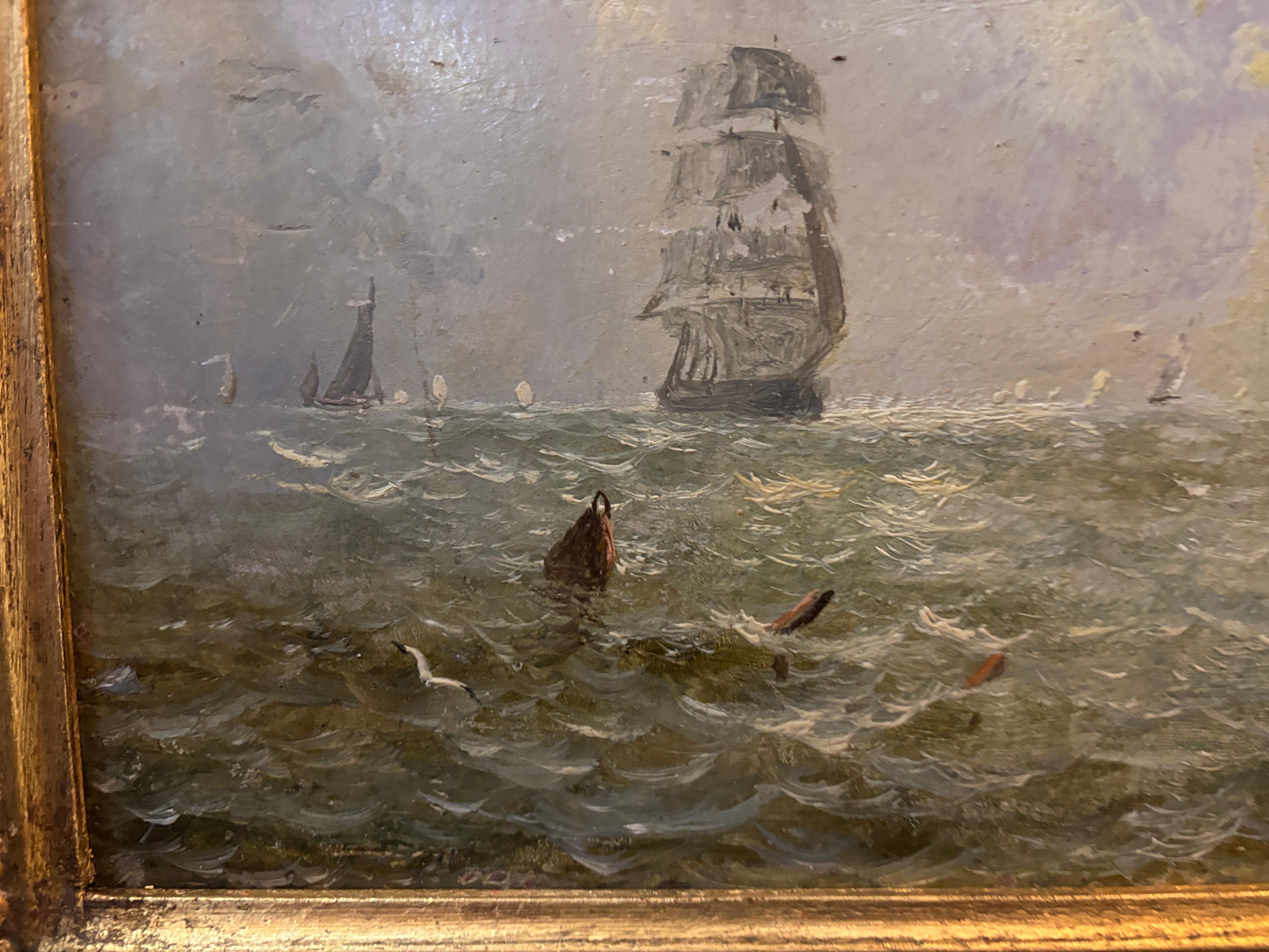 Adolphus Knell (Brite, um 1870)
Küstenschiffe in kabbeliger See
Öl auf Karton, präsentiert in seinem ursprünglichen vergoldeten Rahmen
Diese stimmungsvolle Marinestudie von Adolphus Knell fängt den unruhigen Charakter des offenen Meeres mit der