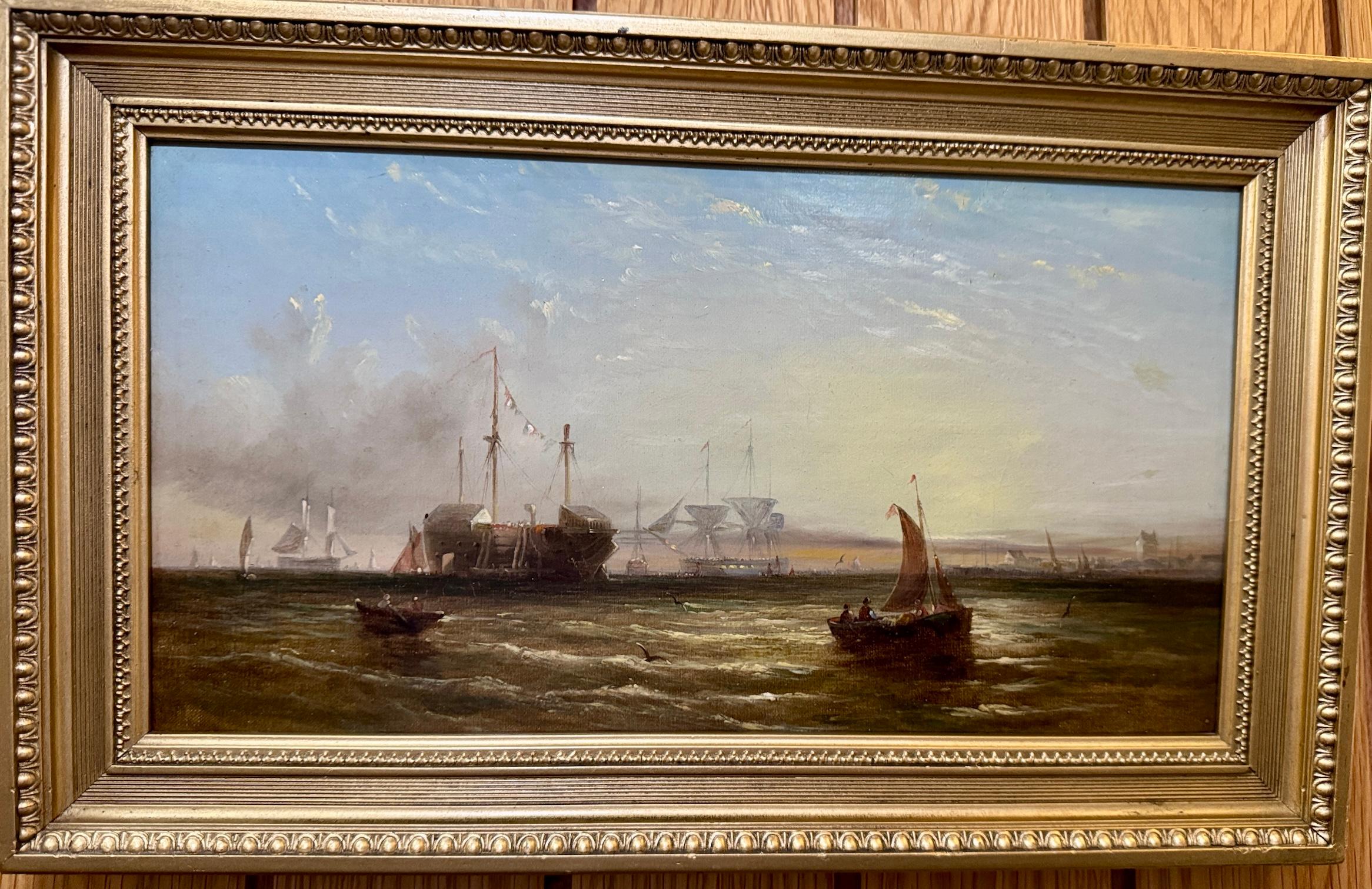 19th century English marine scene with boats at Sunrise