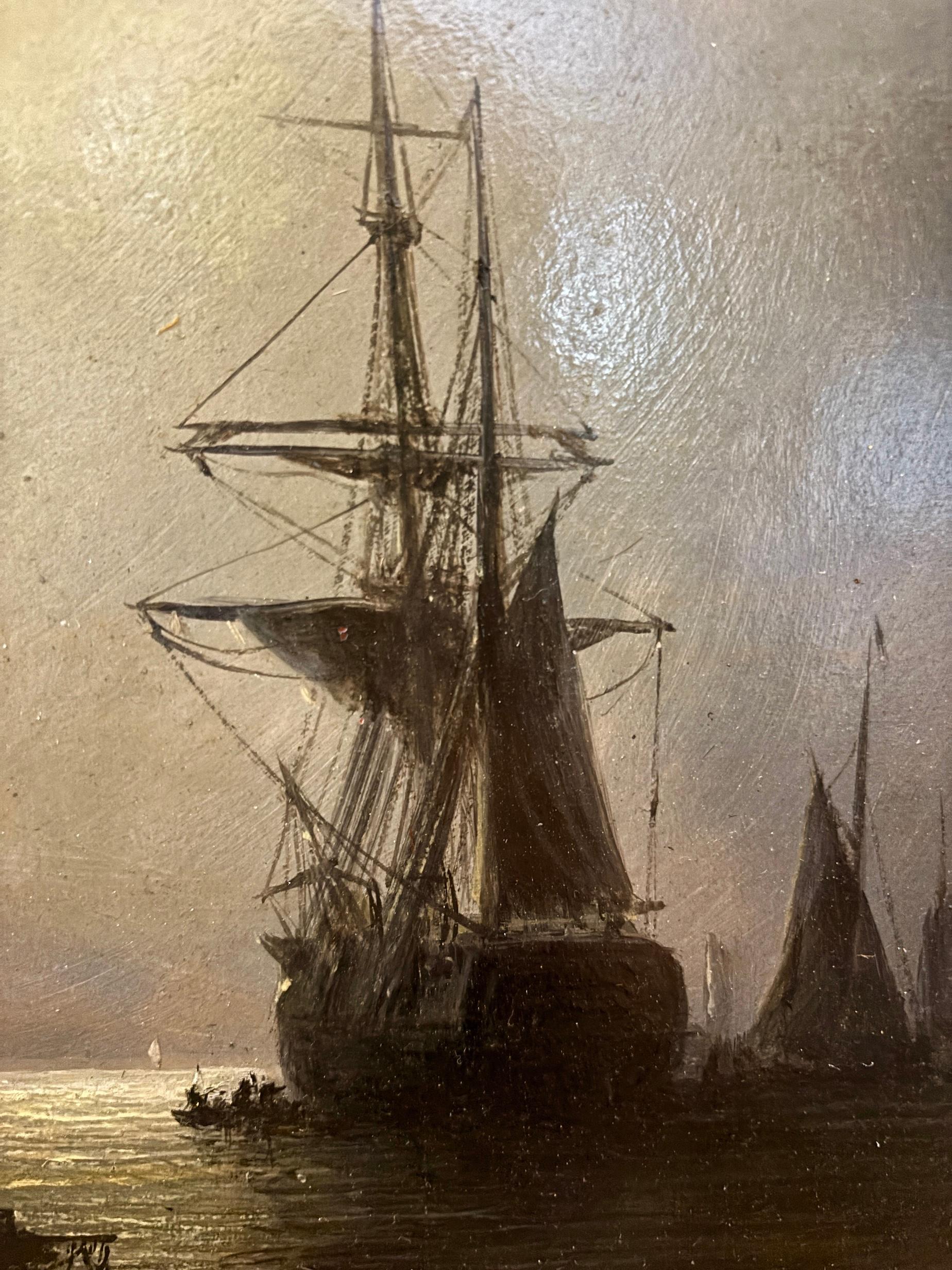Cette peinture marine évocatrice d'Adolphus Knell, fils de l'éminent artiste marin William Adolphus Knell, démontre la maîtrise de la famille en matière de paysages marins atmosphériques. Ici, un grand voilier domine la composition, son gréement se