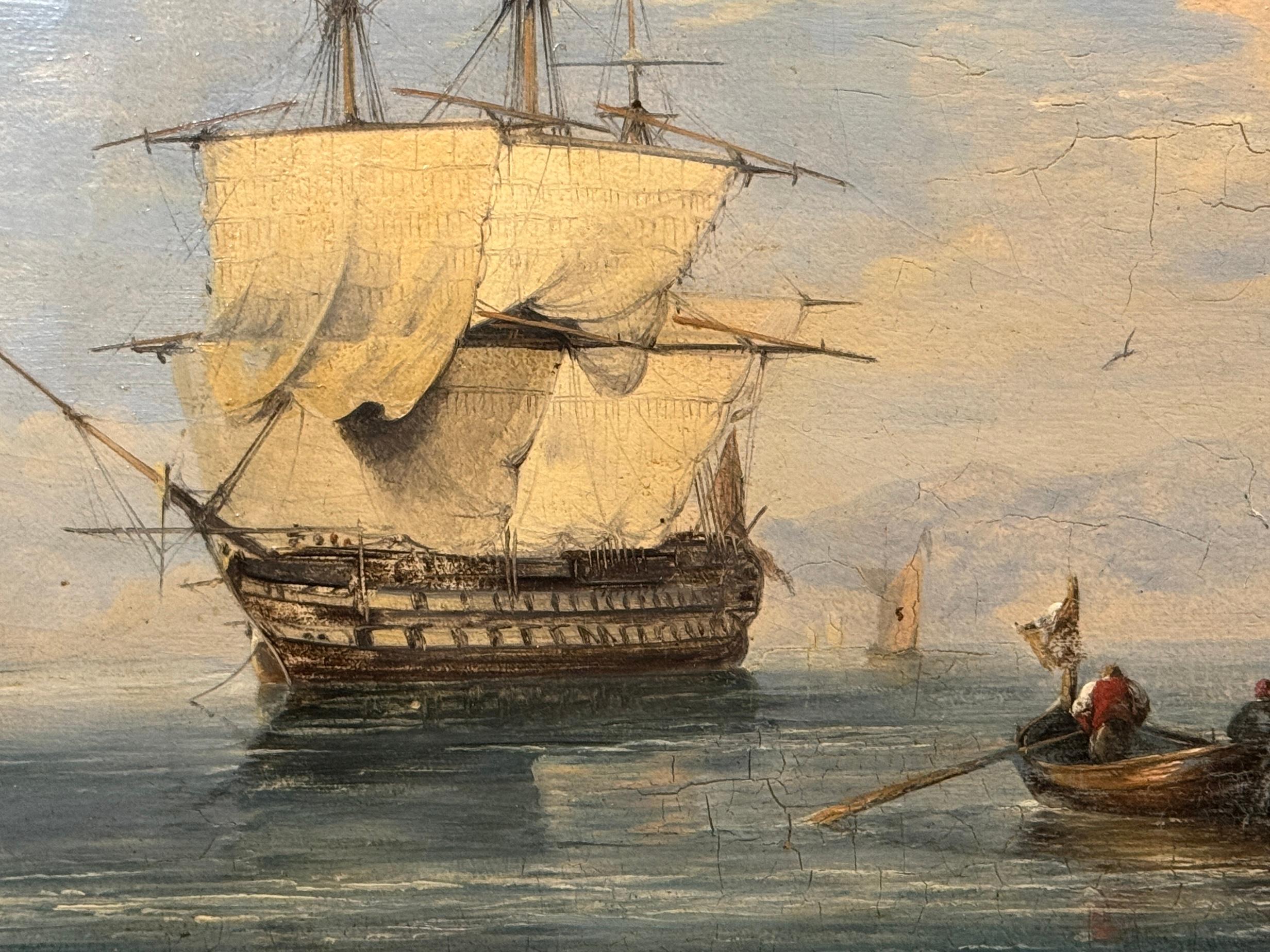Englisches Kriegsschiff auf See des 19. Jahrhunderts, ruhiges Wasser mit Wiederauflage von Reihenbooten – Painting von Adolphus Knell