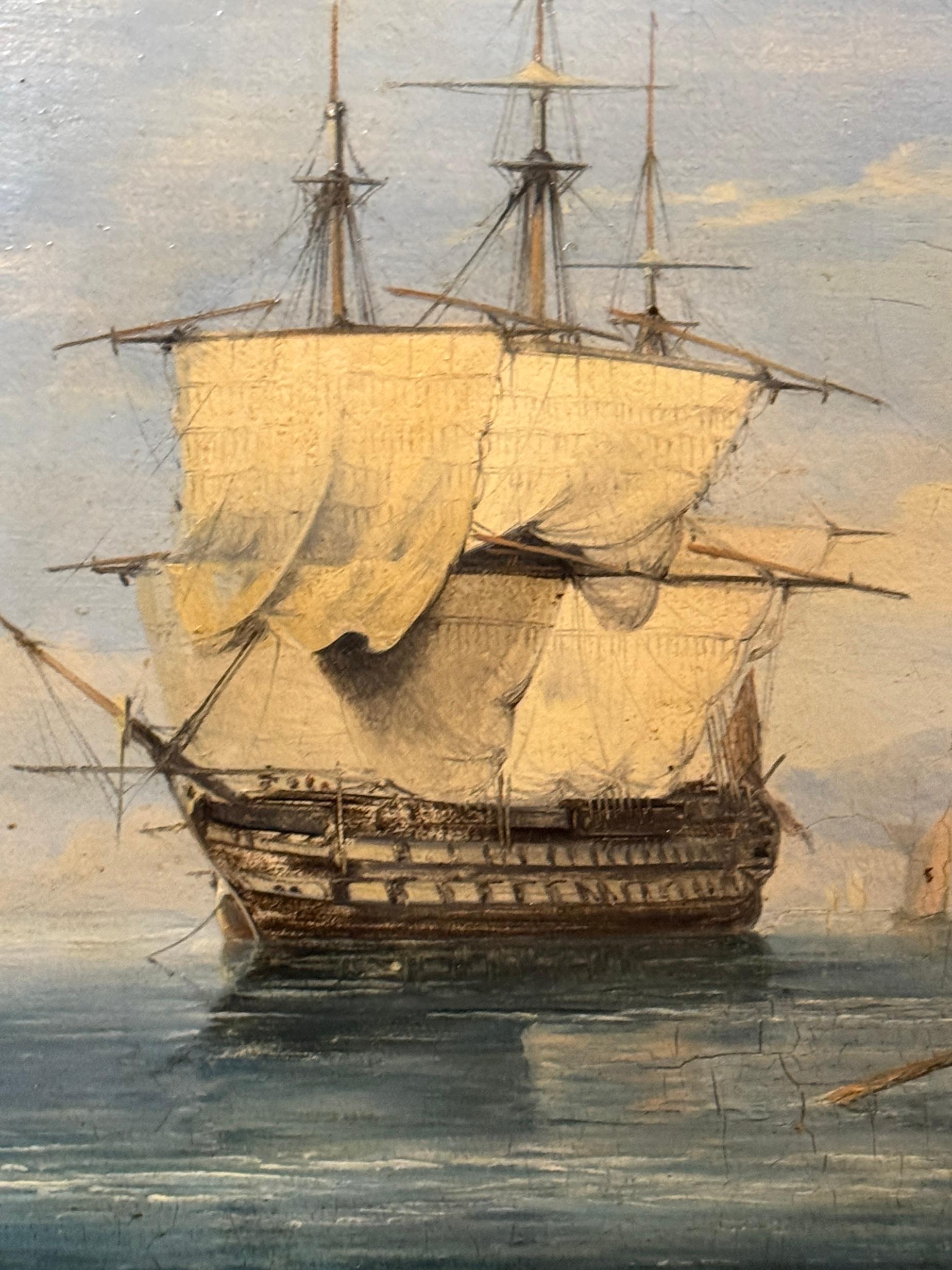 Englisches Kriegsschiff auf See des 19. Jahrhunderts, ruhiges Wasser mit Wiederauflage von Reihenbooten (Viktorianisch), Painting, von Adolphus Knell