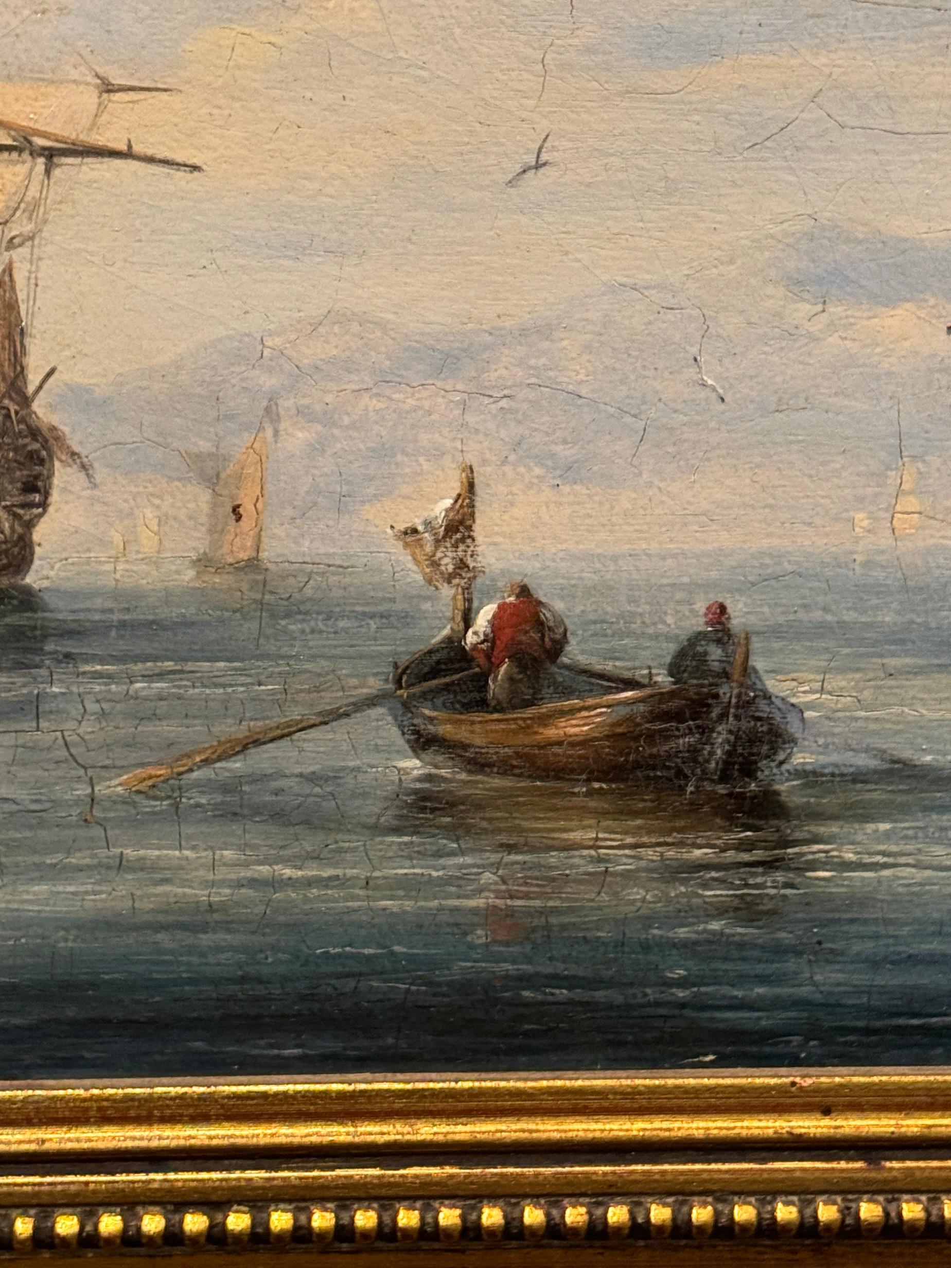 Englisches Kriegsschiff auf See des 19. Jahrhunderts, ruhiges Wasser mit Wiederauflage von Reihenbooten (Braun), Landscape Painting, von Adolphus Knell