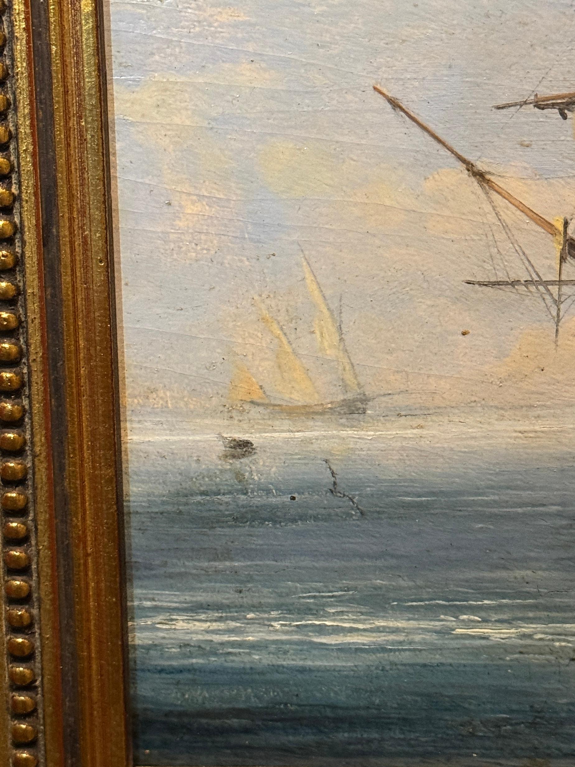 Englisches Kriegsschiff auf See des 19. Jahrhunderts, ruhiges Wasser mit Wiederauflage von Reihenbooten im Angebot 1