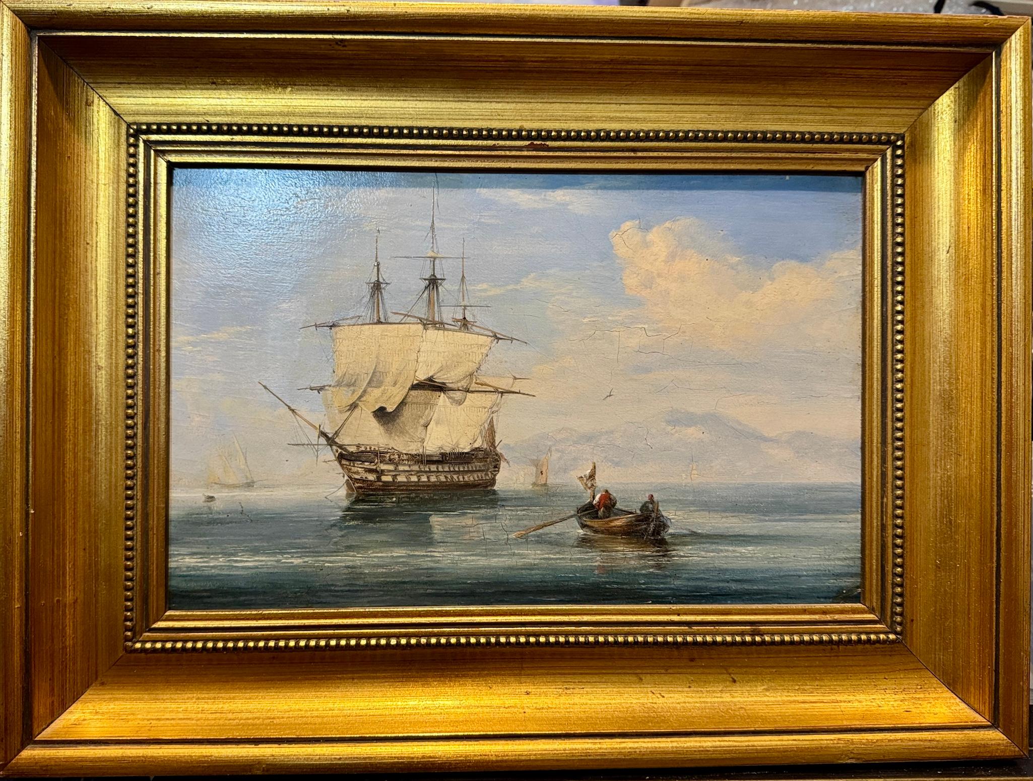 19th century English Warship at sea, calm water with row boat resupplying