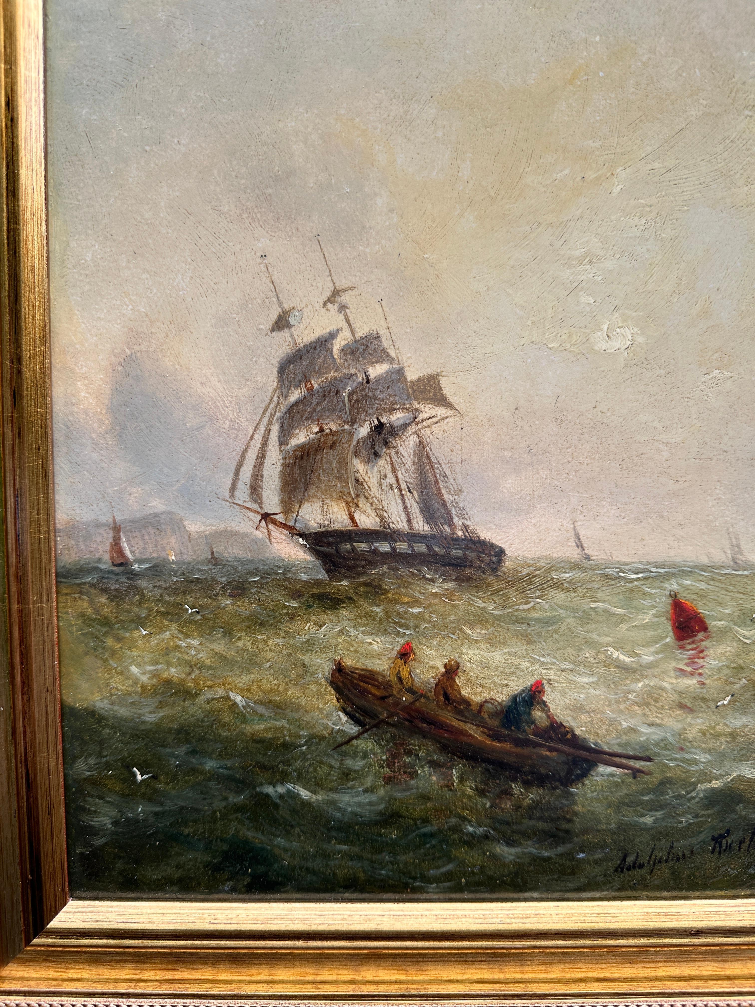 Nave da guerra inglese del XIX secolo in mare con il  Sole che sorge o tramonta - Painting di Adolphus Knell