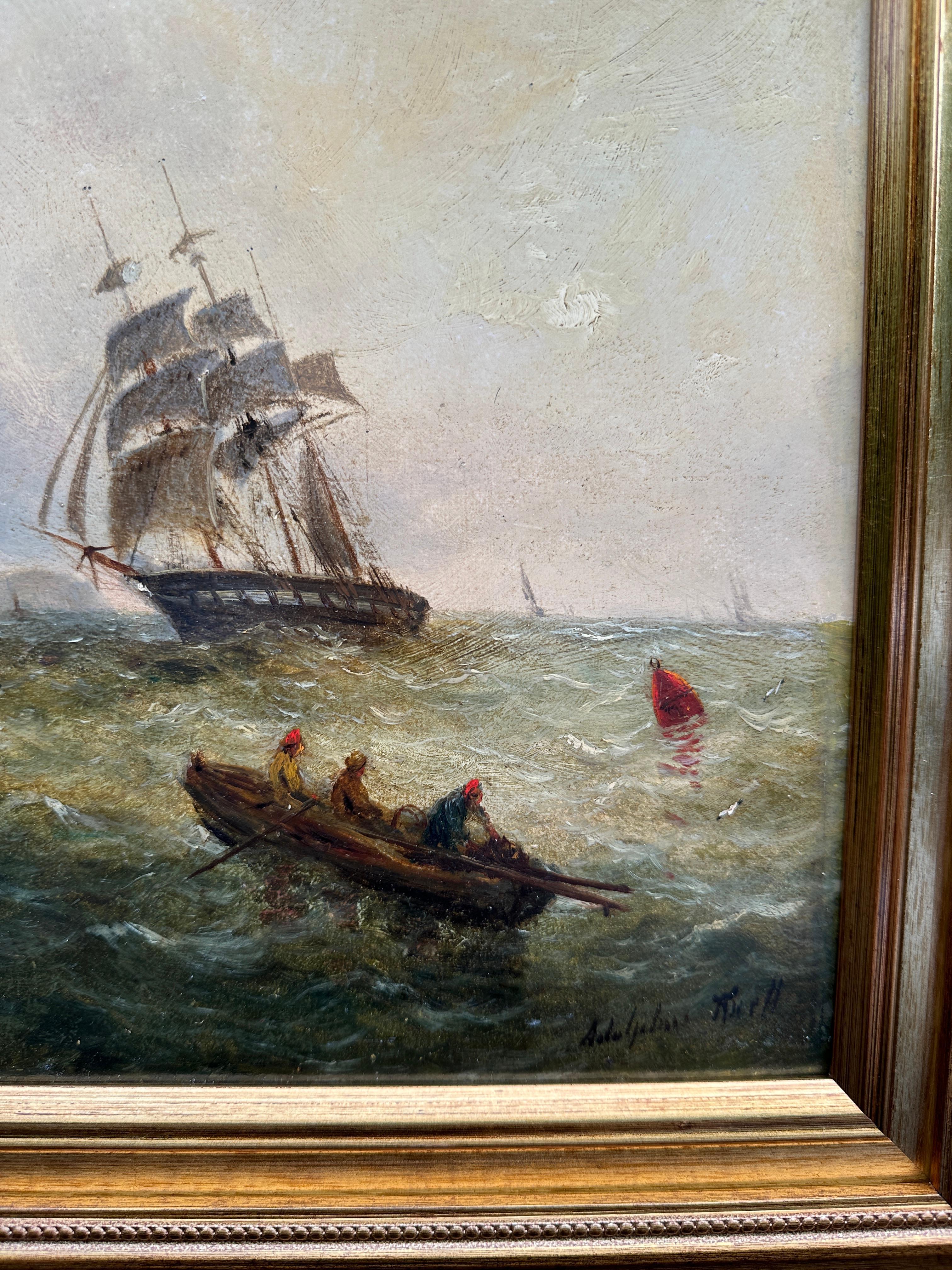 Nave da guerra inglese del XIX secolo in mare con il  Sole che sorge o tramonta - Painting Vittoriano di Adolphus Knell