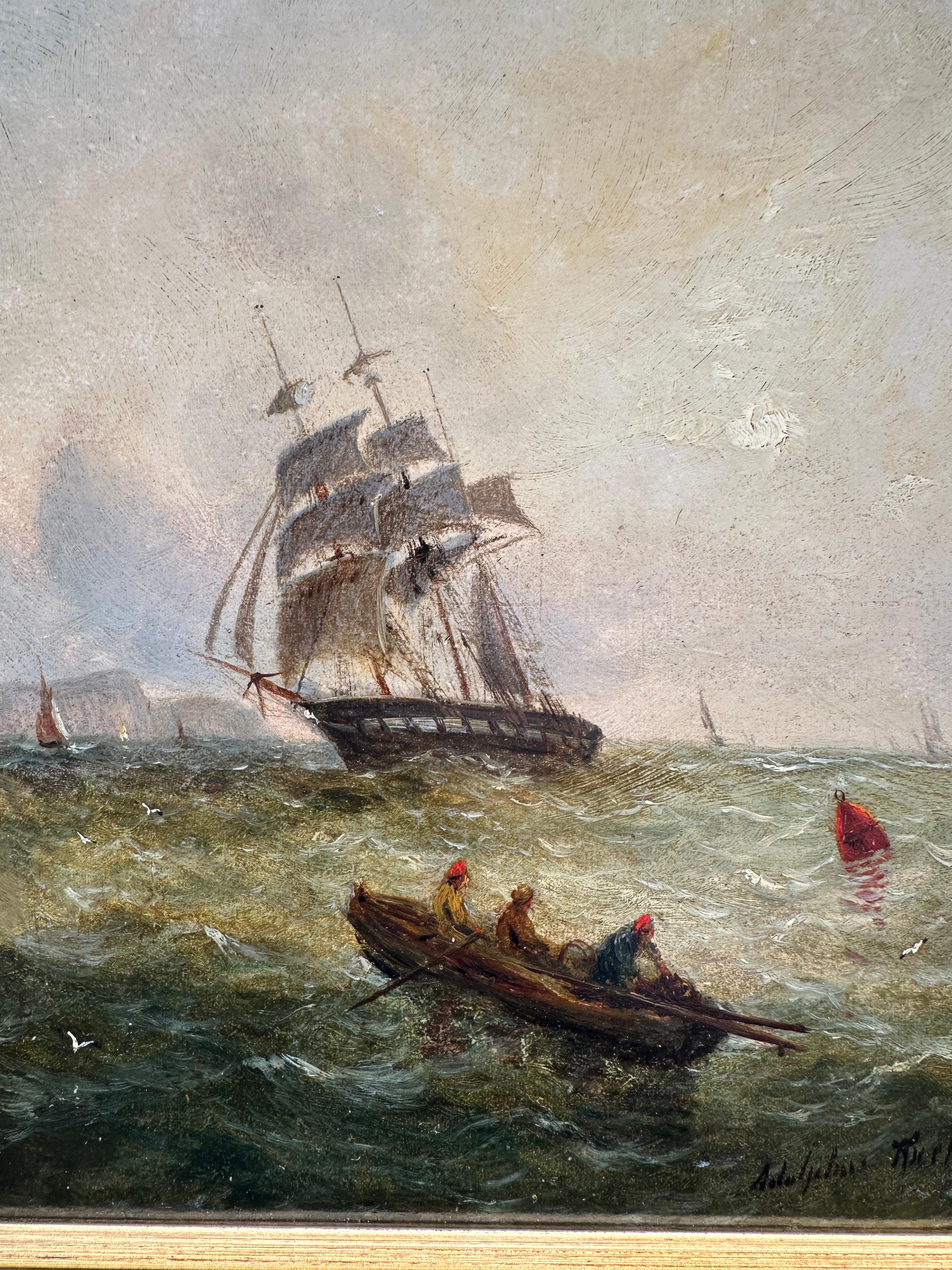 Nave da guerra inglese del XIX secolo in mare con il  Sole che sorge o tramonta - Landscape Painting Marrone di Adolphus Knell