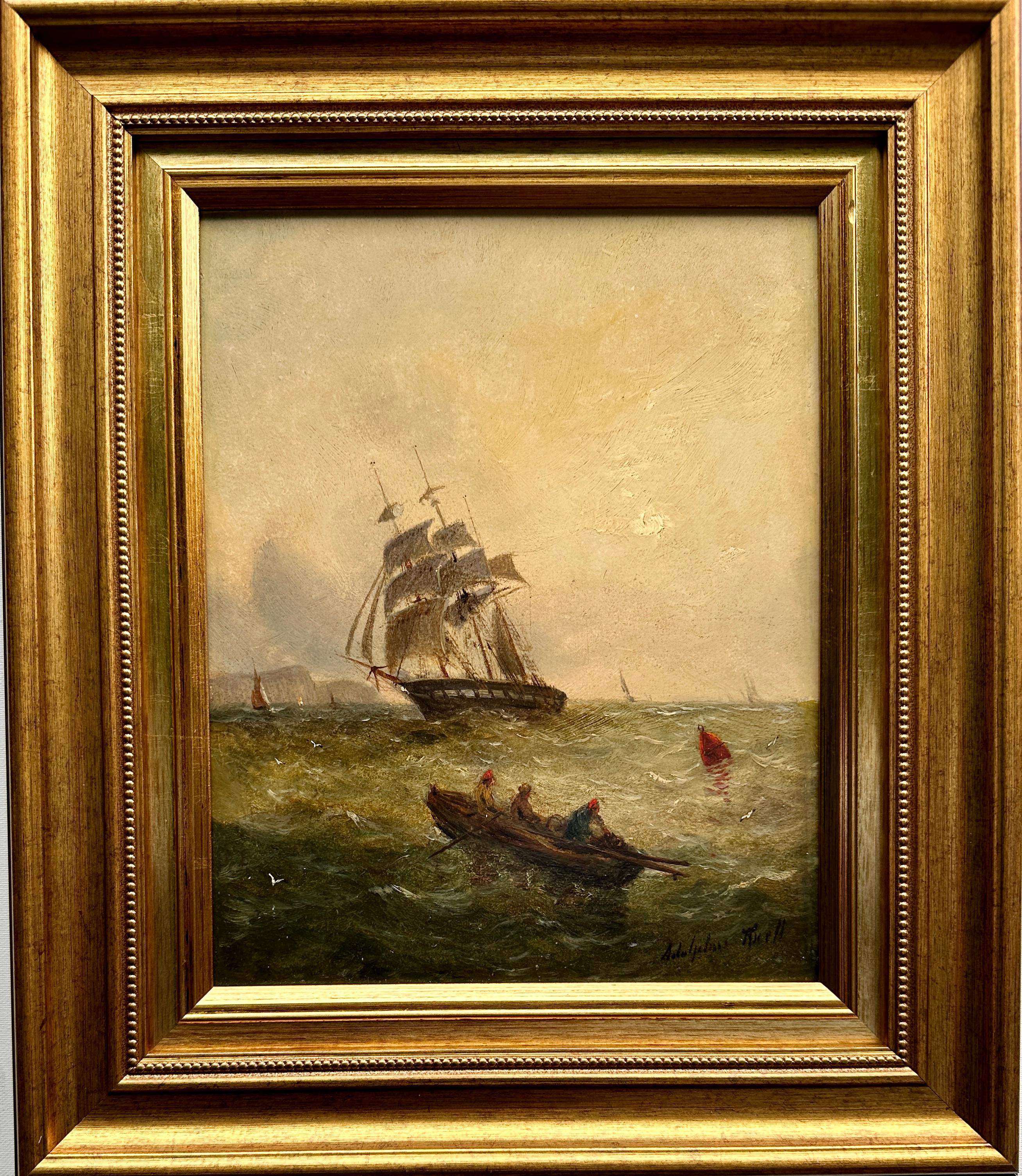 Landscape Painting di Adolphus Knell - Nave da guerra inglese del XIX secolo in mare con il  Sole che sorge o tramonta