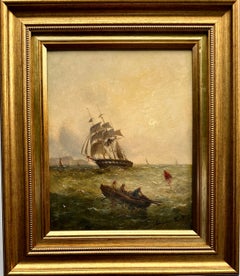 19th century English Warship at sea with the  Sun rising or Setting