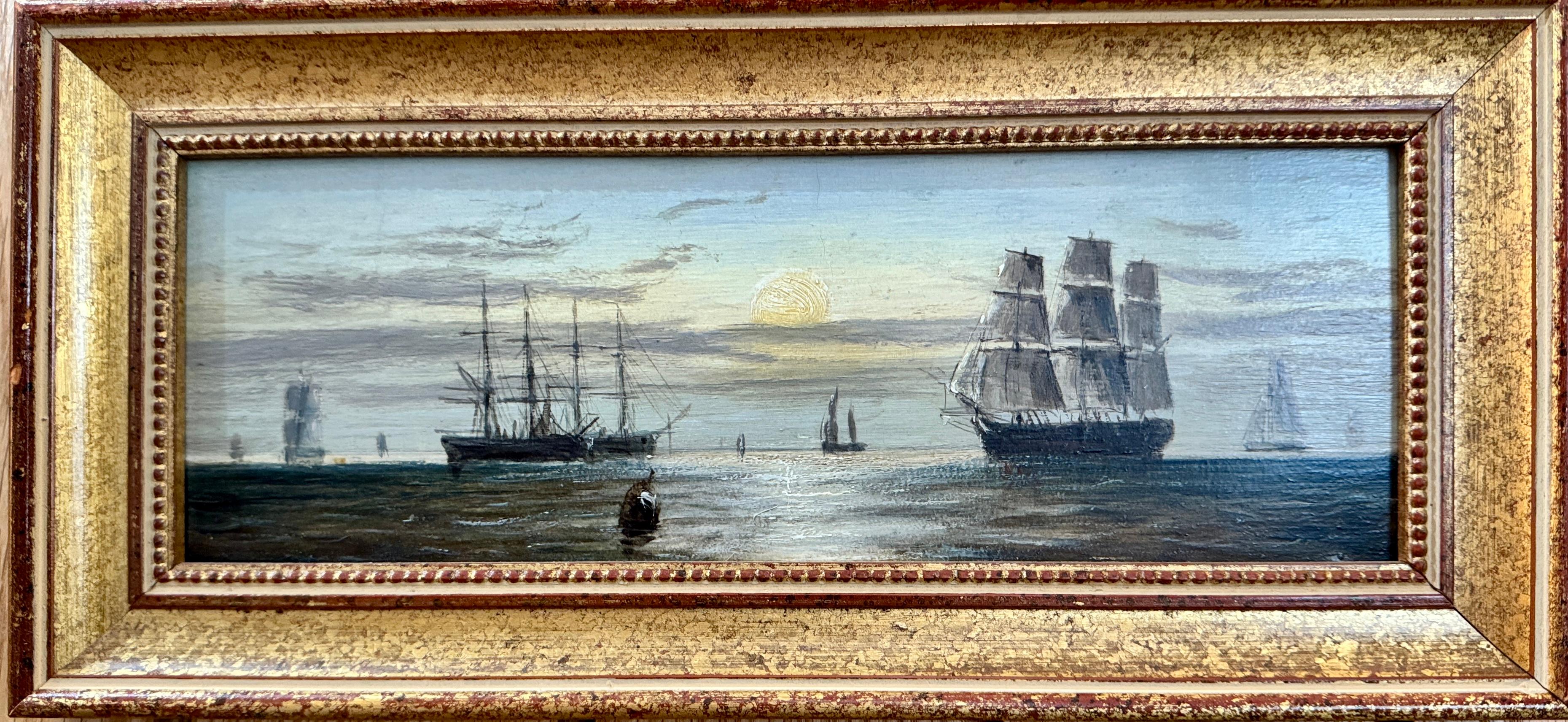 Figurative Painting di Adolphus Knell - Navigazione al chiaro di luna del 19° secolo al largo della costa inglese, in mare a pesca a tutta vela