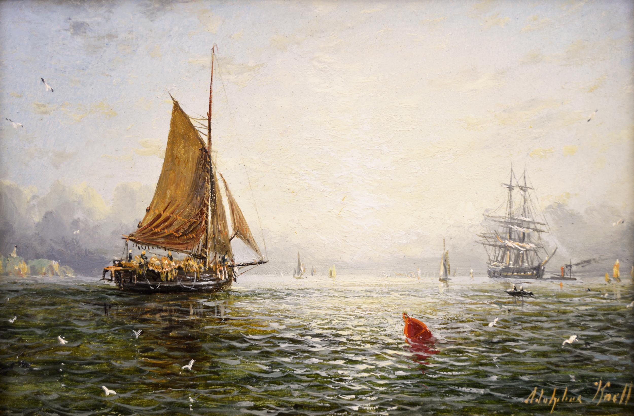 19th Century pair of seascape oil paintings of fishing boats  - Painting by Adolphus Knell