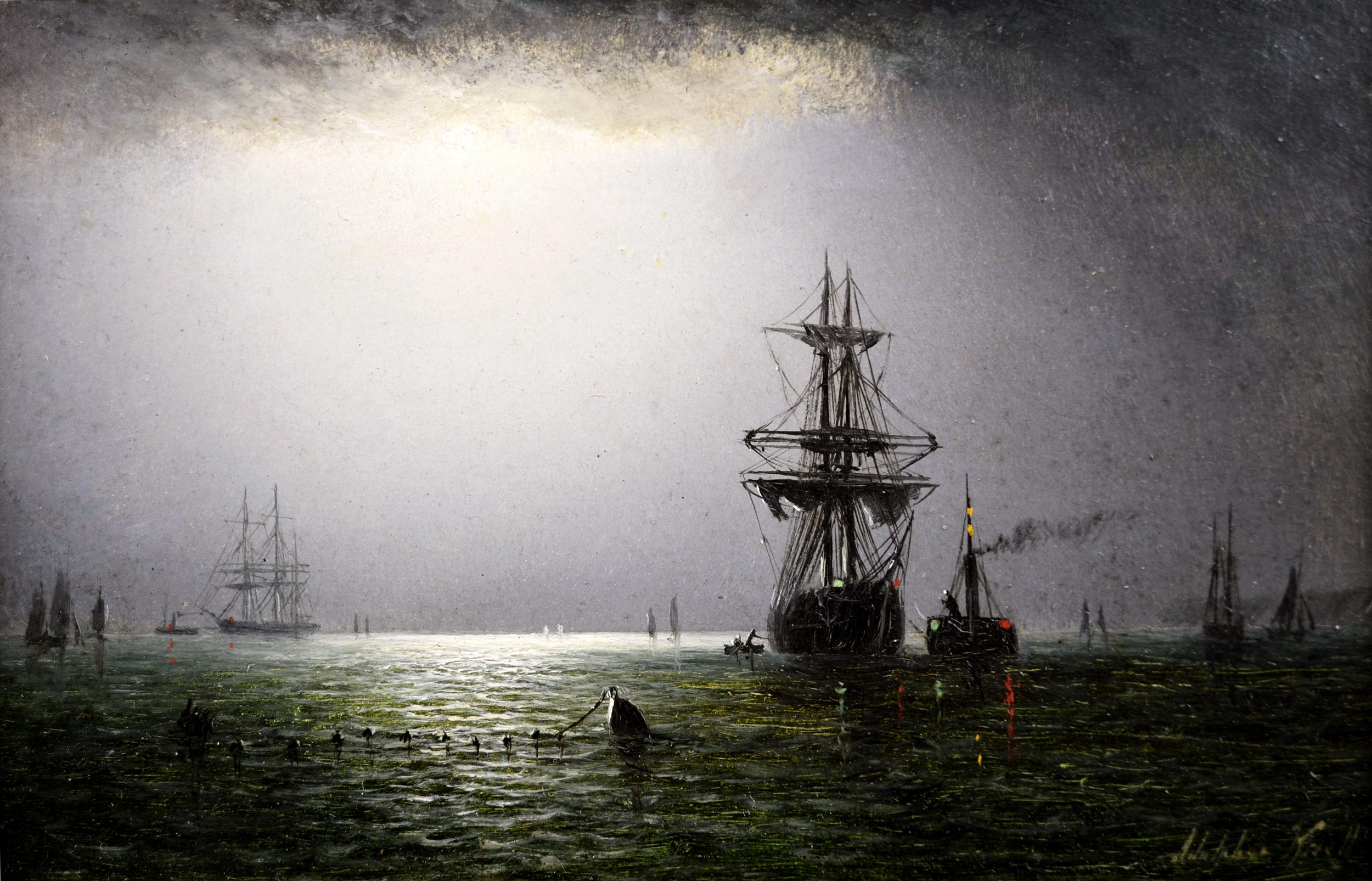 Adolphus Knell
British, (b.1849, fl.1870-1890)
Shipping by Moonlight & Shipping Early Morning
Oil on board, pair, both signed
Image size: 5.75 inches x 8.75 inches 
Size including frame: 9.25 inches x 12.25 inches

Adolphus Knell was born on 22