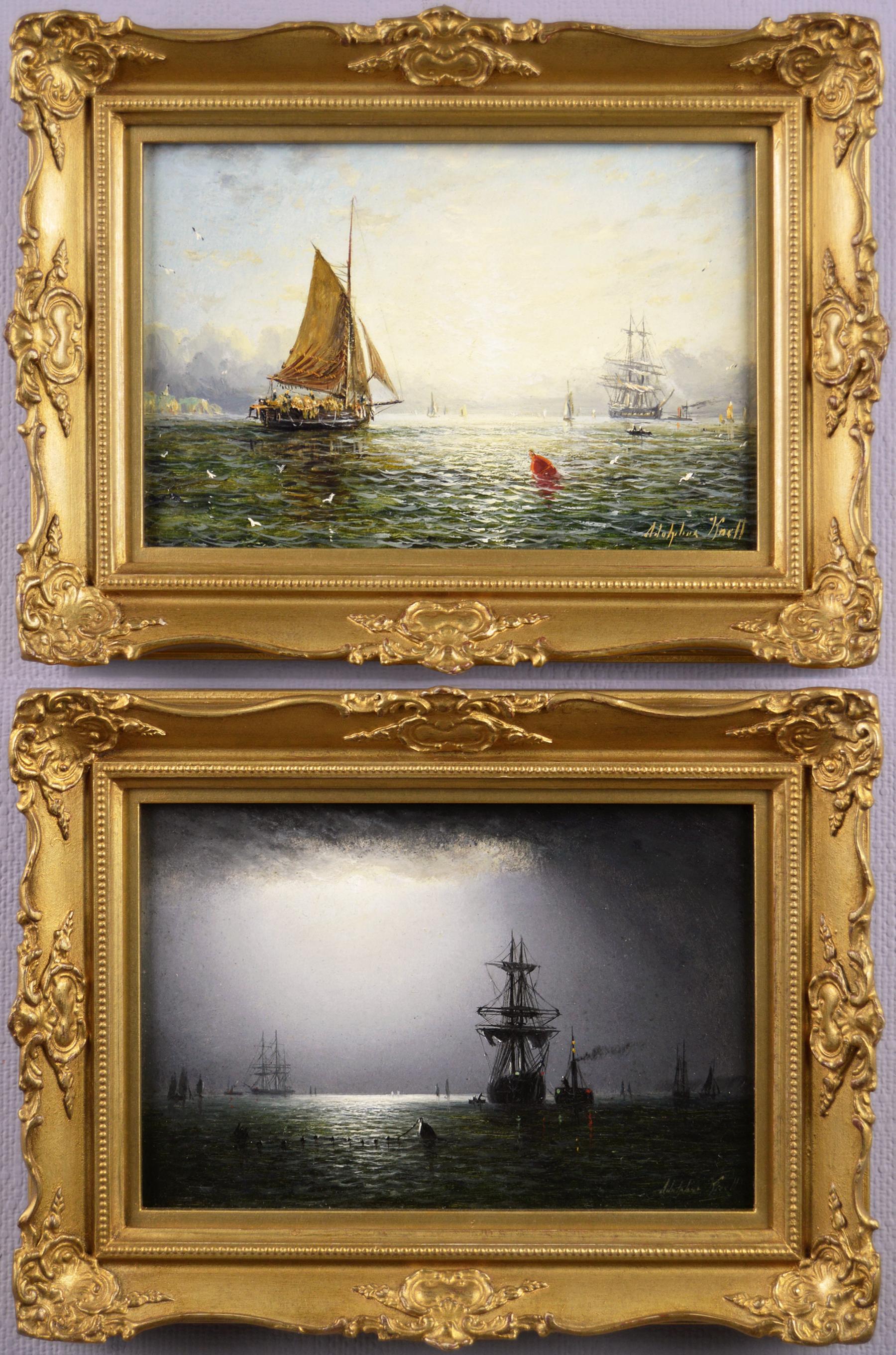 Adolphus Knell Landscape Painting - 19th Century pair of seascape oil paintings of fishing boats 