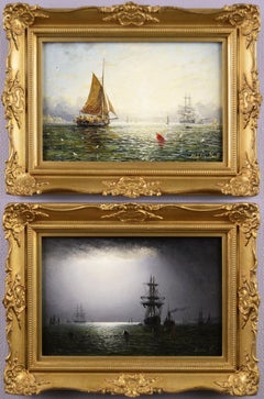 19th Century pair of seascape oil paintings of fishing boats