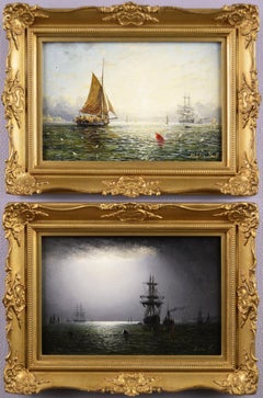 19th Century pair of seascape oil paintings of fishing boats 