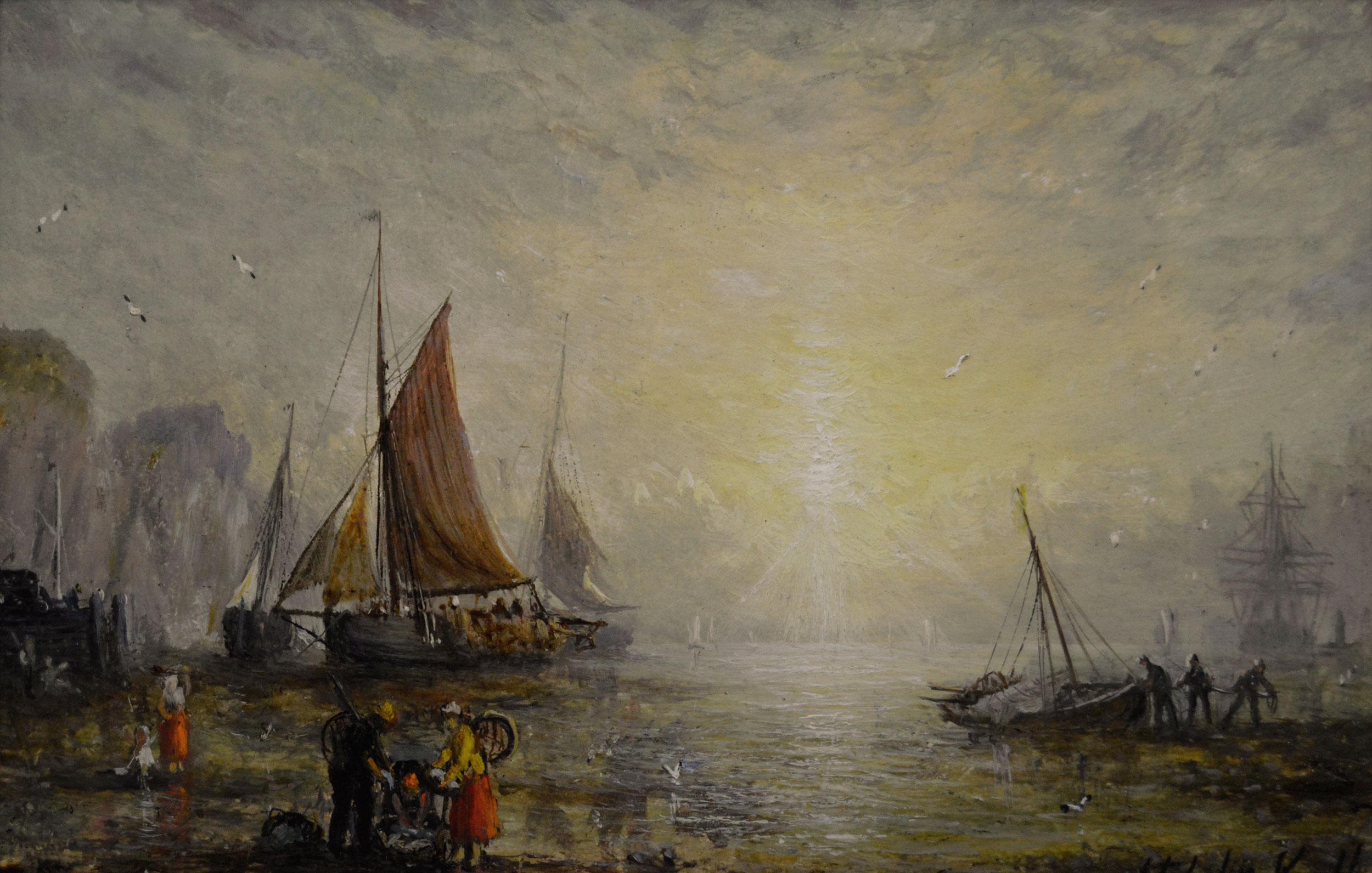 Pareja de óleos marinos del siglo XIX de barcos al amanecer y al atardecer - Painting de Adolphus Knell