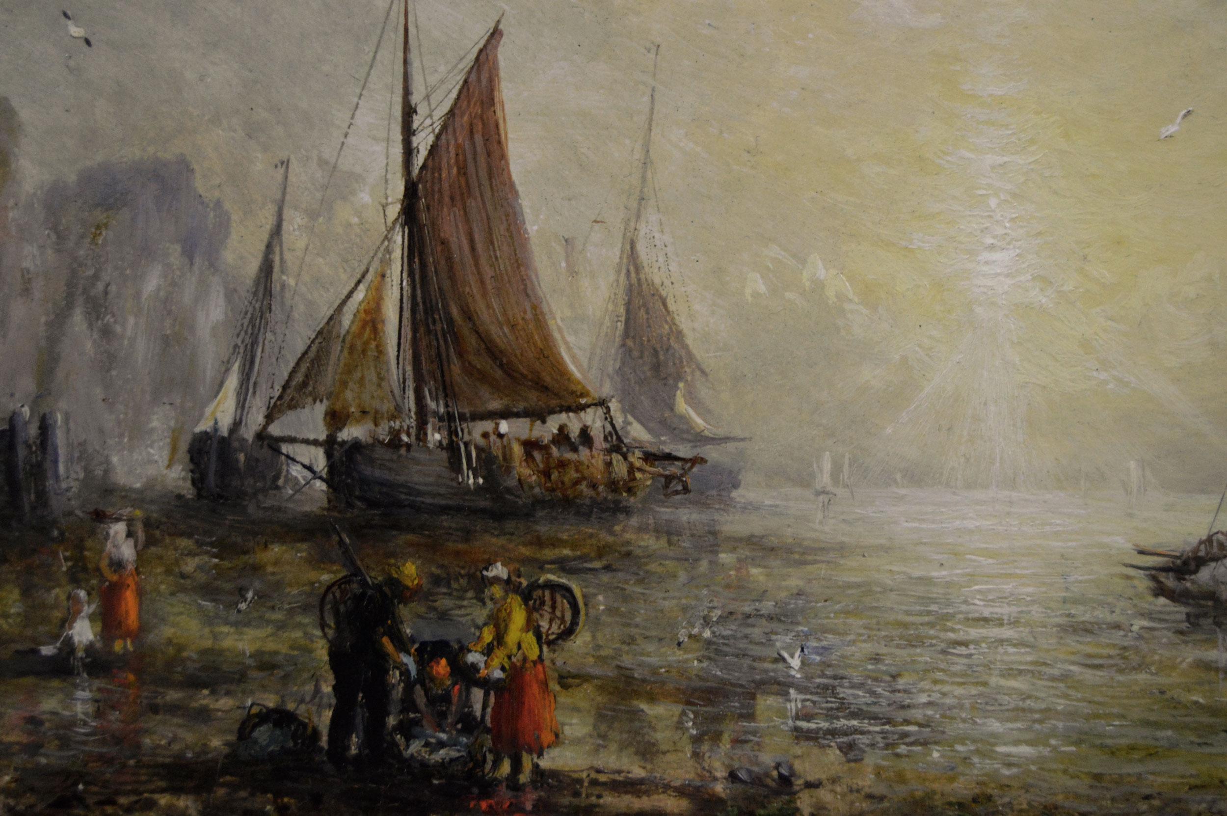 Pareja de óleos marinos del siglo XIX de barcos al amanecer y al atardecer - Painting Victoriano de Adolphus Knell