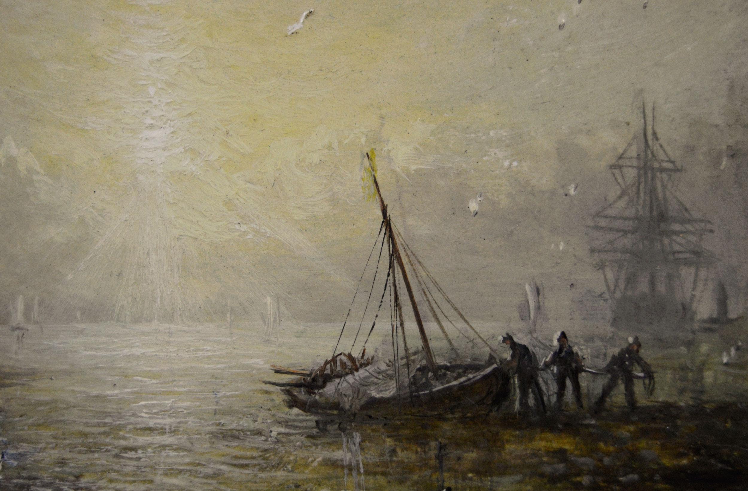 Pareja de óleos marinos del siglo XIX de barcos al amanecer y al atardecer - Landscape Painting Marrón de Adolphus Knell